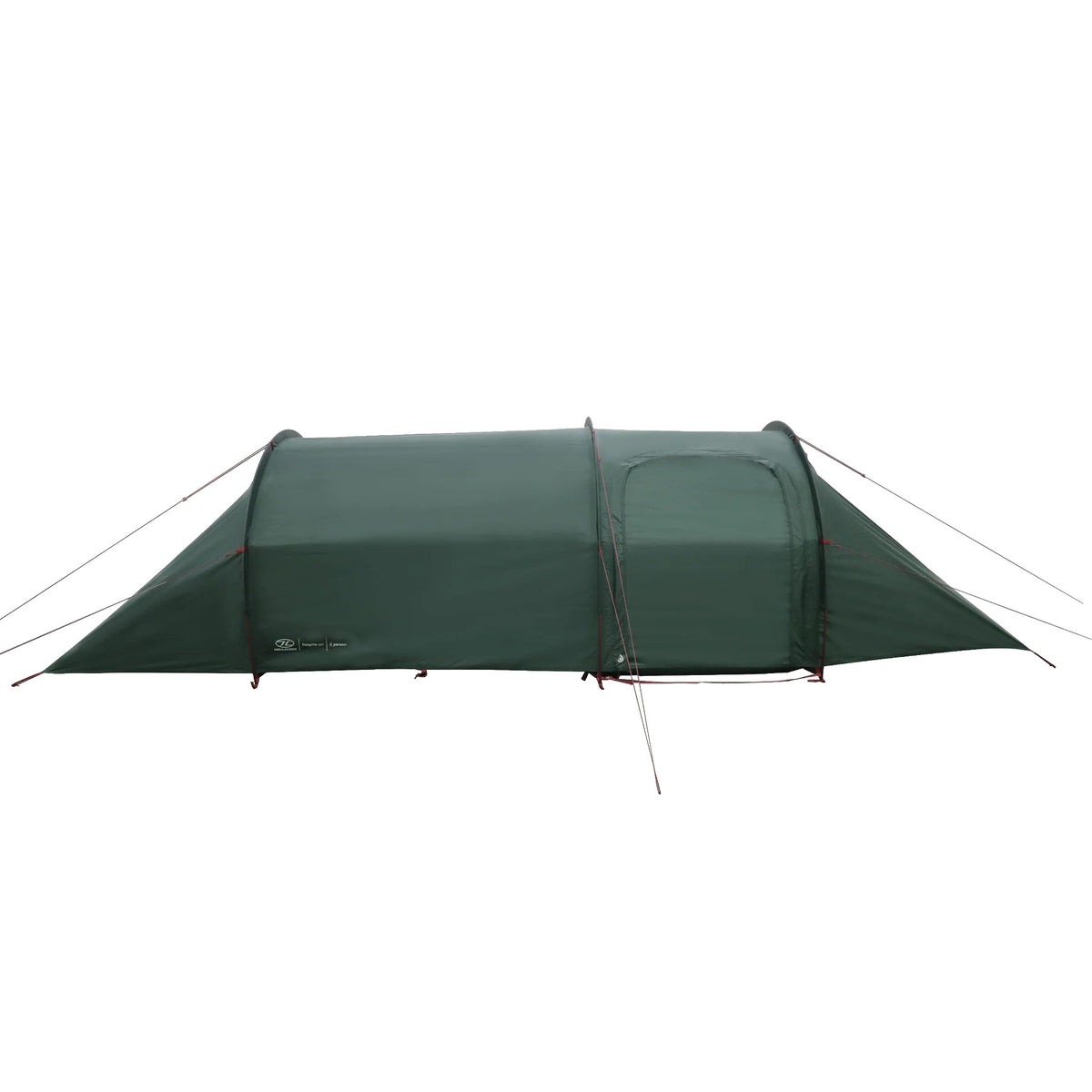 Das Highlander Respite 2 Personen Extended Tunnelzelt von HIGHLANDER FORCES in Pine Green, mit Seiteneingang und sicheren Seilen und Heringen, ist auf einem weißen Hintergrund abgebildet - perfekt für Camping- oder Trekkingabenteuer.