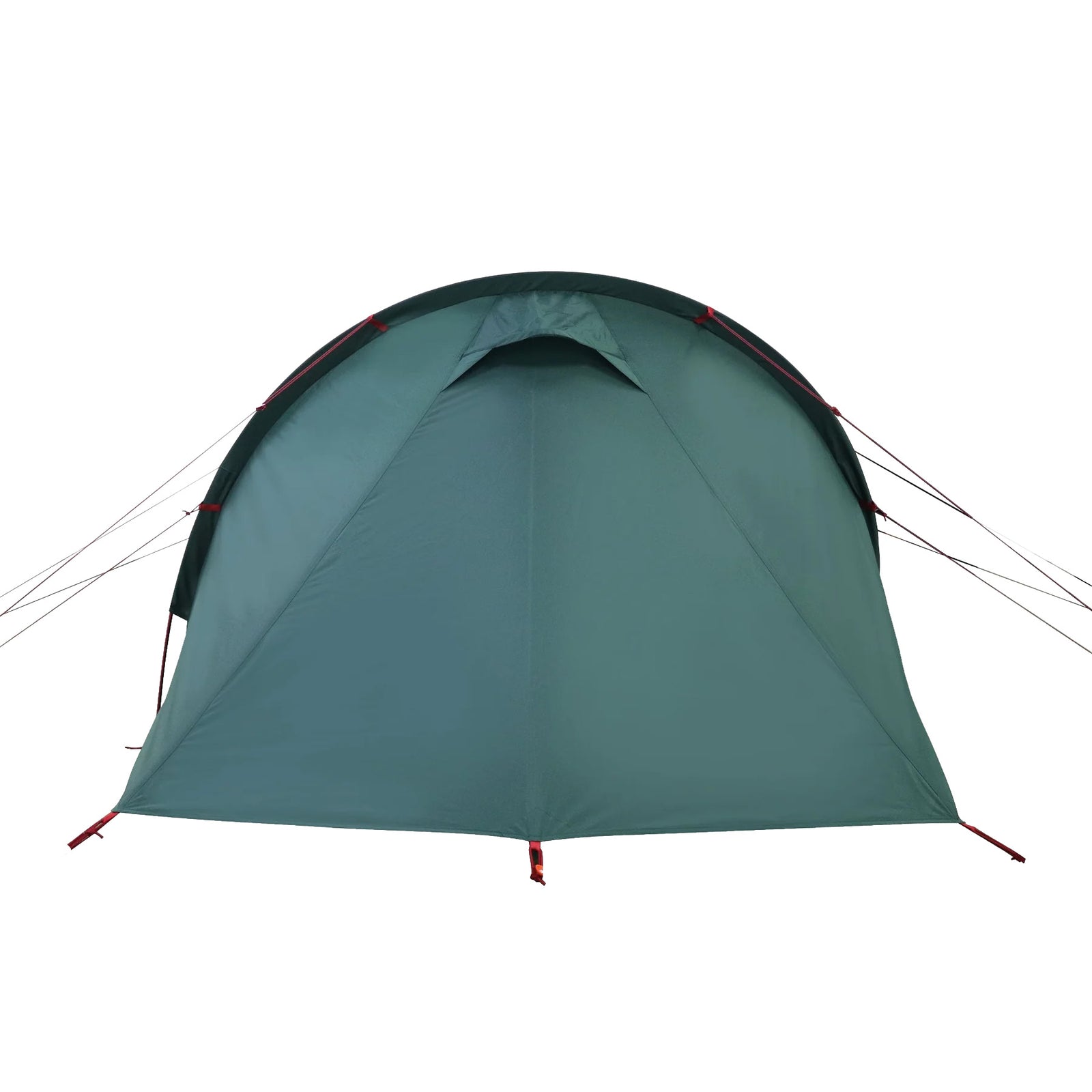 Das HIGHLANDER FORCES Respite 2 Personen Extended Tunnelzelt in Tannengrün hat eine Kuppelform, eine geschlossene Frontklappe, rote Akzente und stabilisierende Abspannleinen - ideal für zwei Camper. Abgebildet vor weißem Hintergrund.