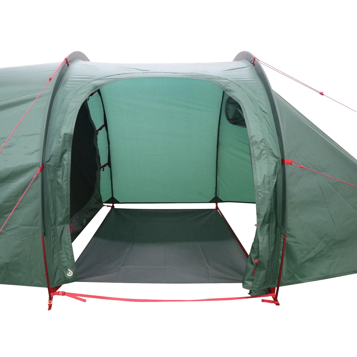 Das HIGHLANDER FORCES Highlander Respite 2 Personen Extended Tunnelzelt in Pine Green hat einen offenen Eingang, rote Stangen und Abspannleinen, eine aufgerollte Tür über dem Eingang und einen grauen Boden, der teilweise den Boden im Inneren bedeckt.