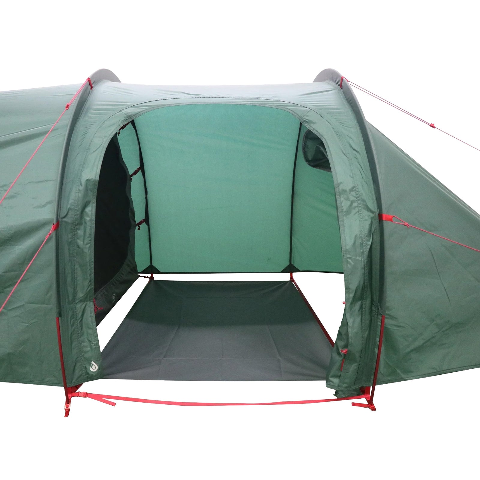 Das HIGHLANDER FORCES Highlander Respite 2 Personen Extended Tunnelzelt in Pine Green hat einen offenen Eingang, rote Stangen und Abspannleinen, eine aufgerollte Tür über dem Eingang und einen grauen Boden, der teilweise den Boden im Inneren bedeckt.