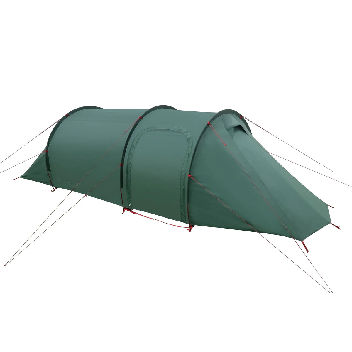 Das HIGHLANDER FORCES Highlander Respite 2 Personen Extended Tunnelzelt in Pine Green verfügt über drei bogenförmige Stangen, mehrere Abspannleinen und rote Befestigungen - perfekt als 2-Personen-Tunnelzelt für Trekkingtouren.