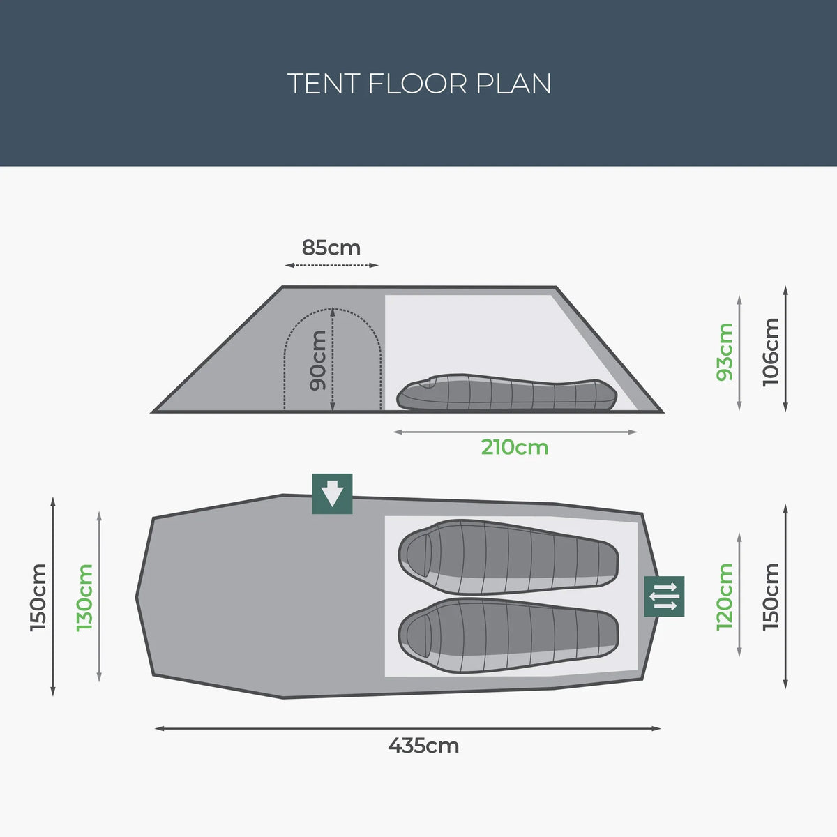 Grundrissdiagramm des HIGHLANDER FORCES Highlander Respite 2 Personen Extended Tunnelzelt (Pine Green): Die Draufsicht zeigt zwei Schlafsäcke in einem 210cm x 85cm großen Innenbereich; die Seitenansicht zeigt die volle Länge von 435cm plus Apsis.
