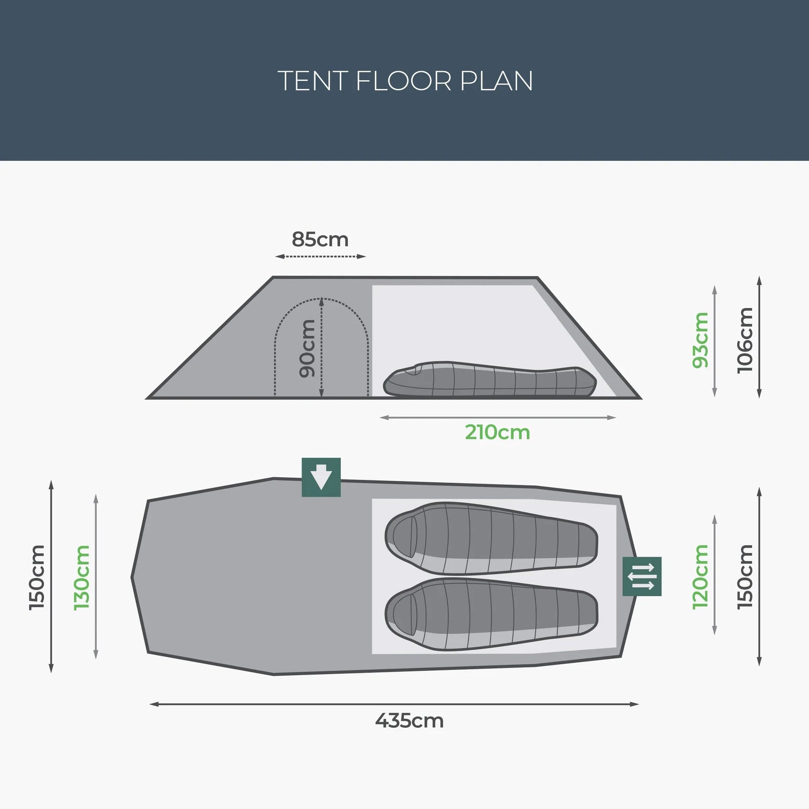Grundrissdiagramm des HIGHLANDER FORCES Highlander Respite 2 Personen Extended Tunnelzelt (Pine Green): Die Draufsicht zeigt zwei Schlafsäcke in einem 210cm x 85cm großen Innenbereich; die Seitenansicht zeigt die volle Länge von 435cm plus Apsis.