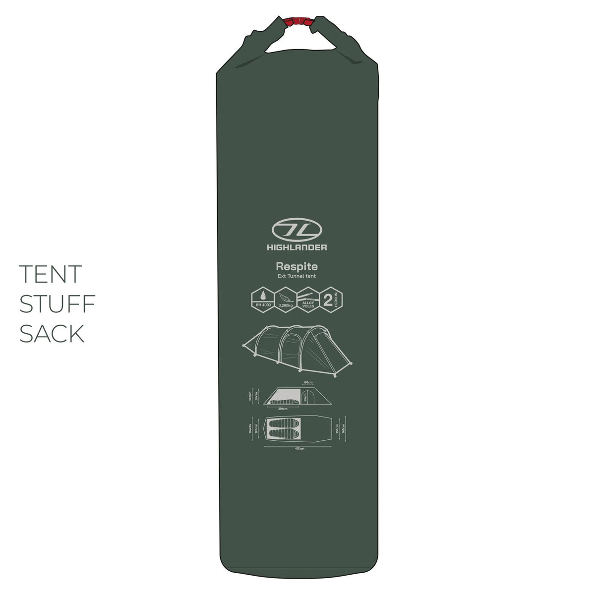 Ein dunkelgrüner, zylindrischer Packsack mit der Aufschrift HIGHLANDER FORCES Highlander Respite 2 Personen Extended Tunnelzelt - Pine Green, mit Aufbaudiagrammen und Anweisungen für ein 2-Personen-Tunnelzelt auf der Vorderseite. Text auf der linken Seite: TENT STUFF SACK.