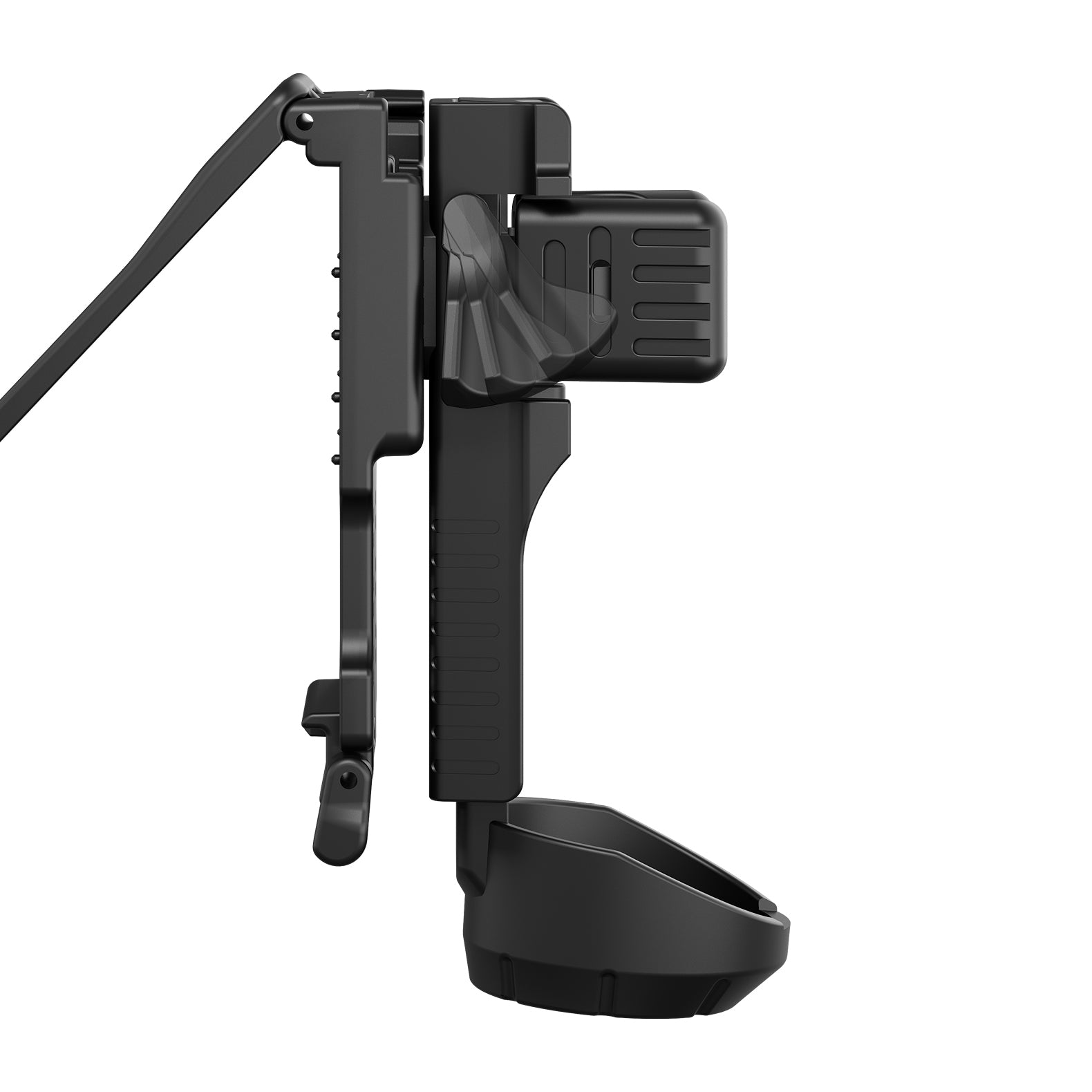 Ein schwarzes, modernes Handgerät mit einem Griff und einer verstellbaren Halterung ruht in einem LEDLENSER Ledlenser Tactical Professional Holster Typ D, mit einem becherförmigen Aufsatz an der Basis, dargestellt von der Seite vor einem weißen Hintergrund.