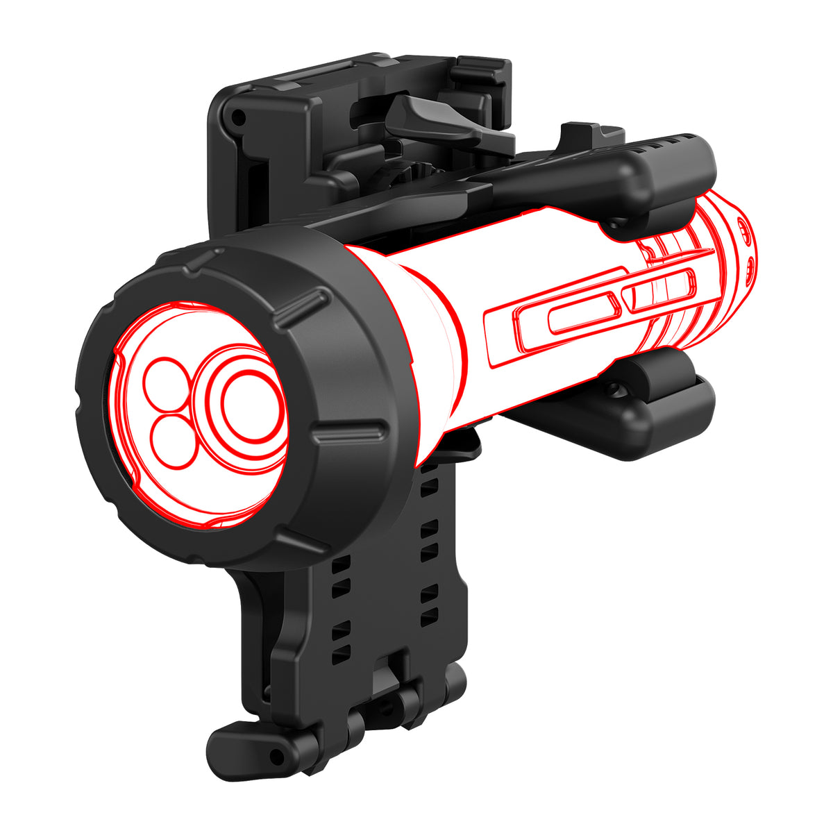 Das LEDLENSER Tactical Professional Holster Typ D in Schwarz und Rot hält eine Taschenlampe mit detaillierten Markierungen und Knöpfen sicher fest. Die verstellbare schwarze Halterung ermöglicht die Befestigung an Helmen, Gürteln oder Gürtelholstern für einen vielseitigen Einsatz.