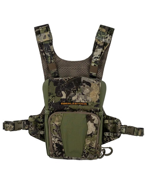 Das EBERLESTOCK Recon Modular Bino Pack Large verfügt über ein Tarnmuster, Reißverschlusstaschen und verstellbare Gurte - ideal als vielseitiges Fernglas-Tragesystem für den Outdoor- oder taktischen Einsatz.
