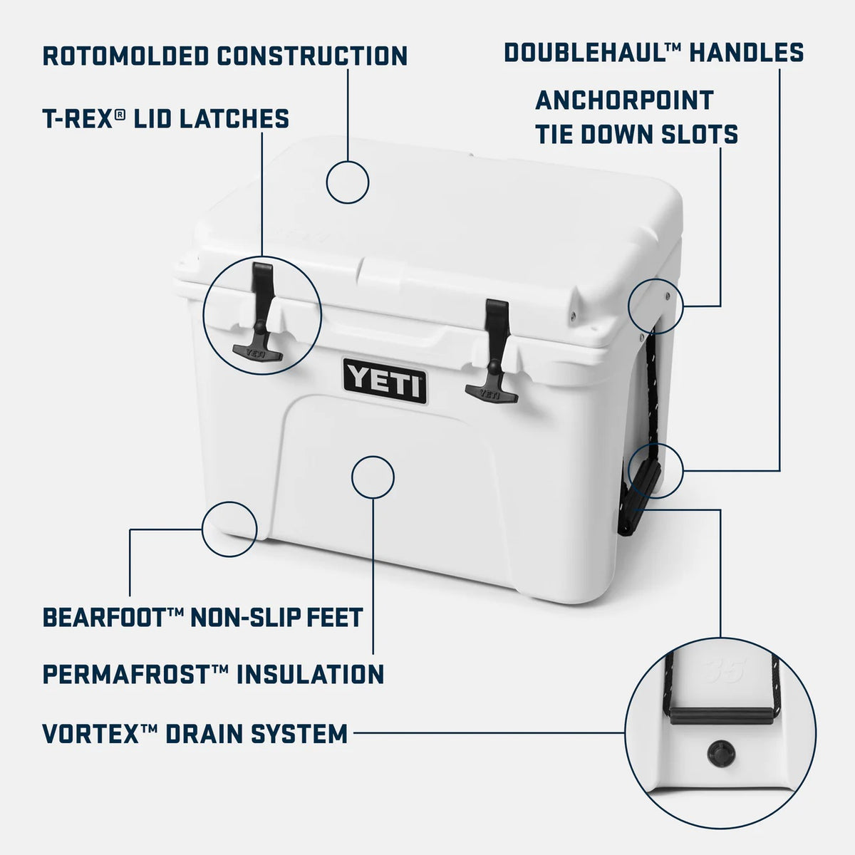 Eine YETI® Kühlbox Tundra 35 - King Crab mit gelabelten Features: Rotomolded-Konstruktion, T-Rex Deckelverschlüsse, DoubleHaul Griffe, AnchorPoint Befestigungsschlitze, BearFoot rutschfeste Füße, Permafrost Isolierung und Vortex Ablasssystem.