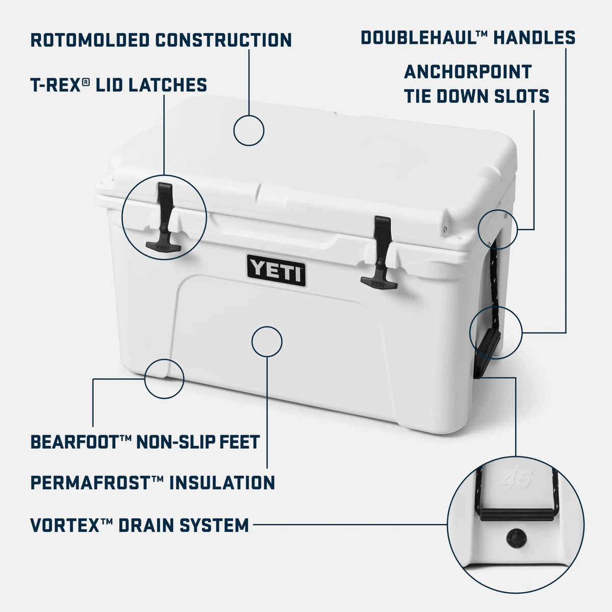 Die YETI® Kühlbox Tundra 45 - King Crab überzeugt mit robuster Rotomold-Konstruktion, T-Rex-Verschlüssen, DoubleHaul-Griffen, AnchorPoint-Ösen, rutschfesten BearFoot-Füßen, PermaFrost-Isolierung und Vortex-Ablaufsystem.