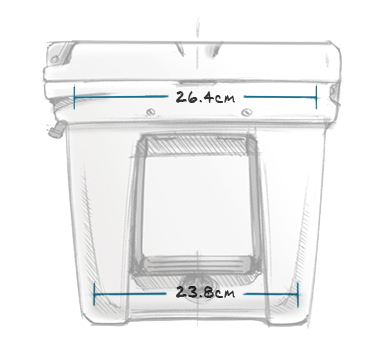 Eine Skizze der YETI® Kühlbox Tundra 45 - Tan von YETI mit Deckel, Breite: 26,4 cm (oben), 23,8 cm (unten). Blaue Linien markieren gemessene Bereiche - perfekt für die Visualisierung Ihres nächsten Kühlboxenkaufs.
