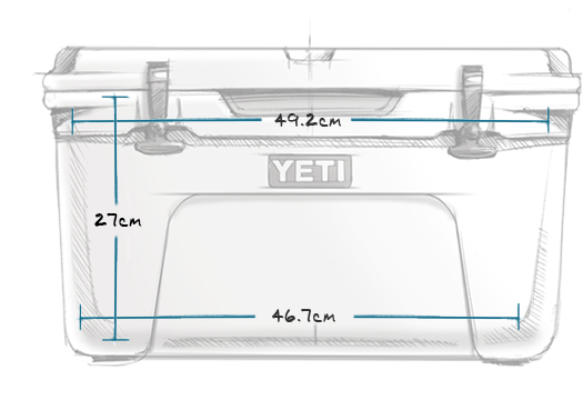 Skizze der YETI® Kühlbox Tundra 45 - Tan mit beschrifteten Maßen: Oben 49,2 cm breit, unten 46,7 cm und 27 cm hoch. Blaue Linien zeigen die Maße dieser robusten Isolierbox von YETI.