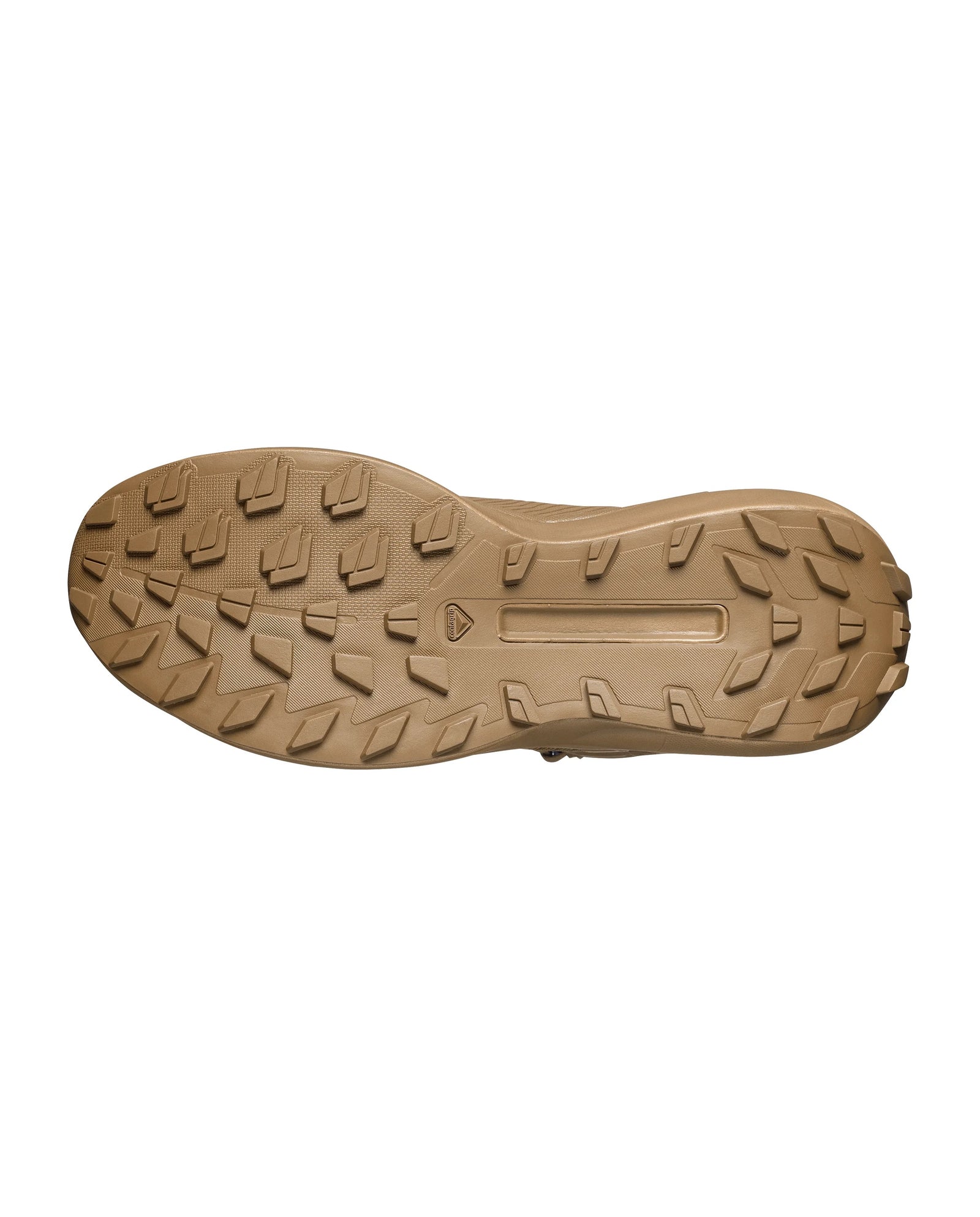 Die Abbildung zeigt die Sohle des SALOMON FORCES Salomon GENESIS FORCES MID GTX - Coyote Brown, die mit einem robusten, strukturierten Profil mit kantigen, multidirektionalen Stollen und einer zentralen Rille für verbesserte Traktion und Stabilität ausgestattet ist.