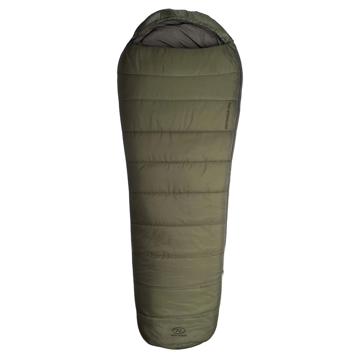 Der HIGHLANDER OUTDOOR Highlander Schlafsack Defender 450, ein grüner Mumienschlafsack mit Kapuze und horizontaler Steppung, steht aufrecht auf weißem Grund - perfekt für vielseitigen Campingkomfort.