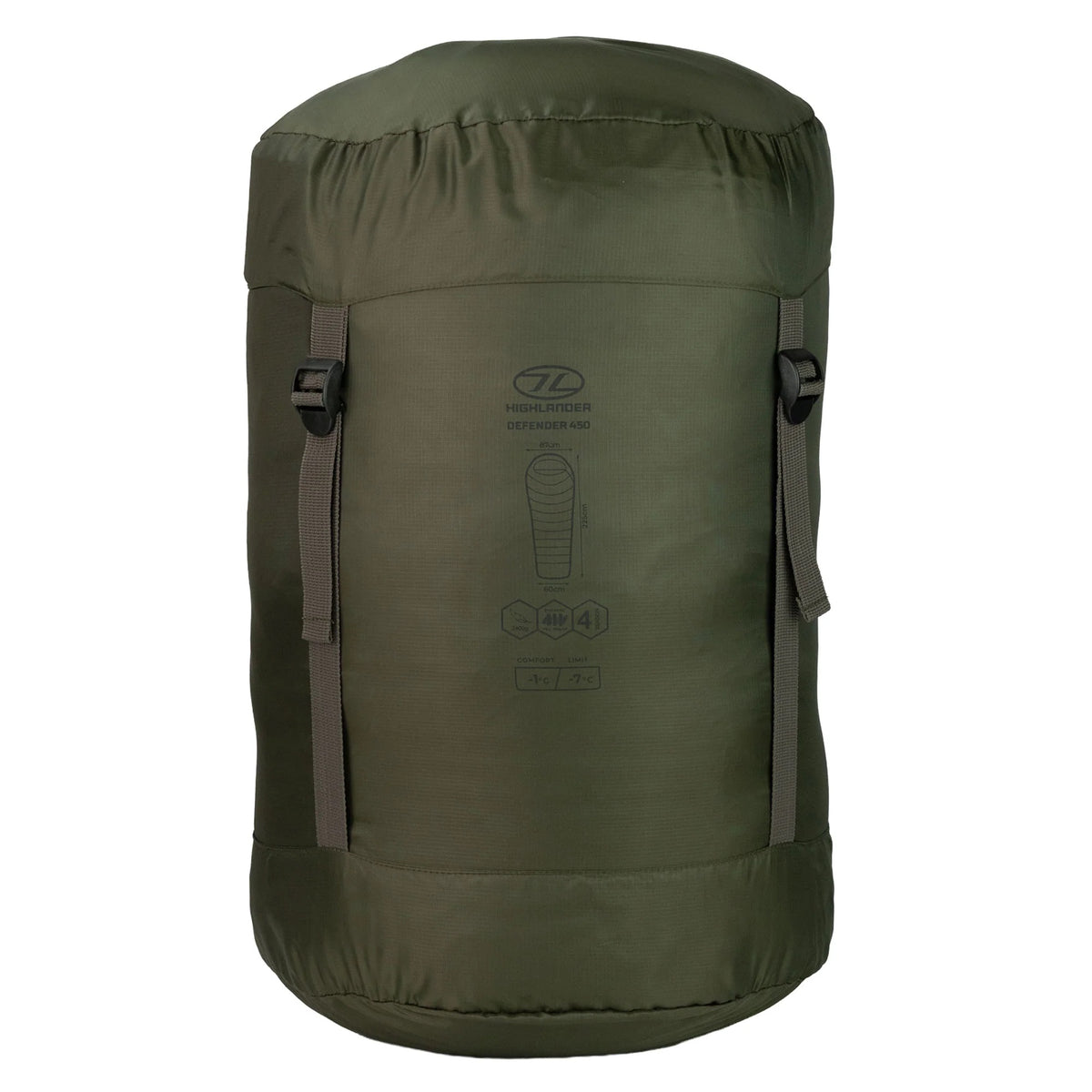 Der HIGHLANDER OUTDOOR Highlander Schlafsack Defender 450 besteht aus einem olivgrünen Kompressionssack mit schwarzen Trägern und einem Kordelzug oben, ideal für die kompakte Aufbewahrung und den Transport bei jedem Abenteuer.