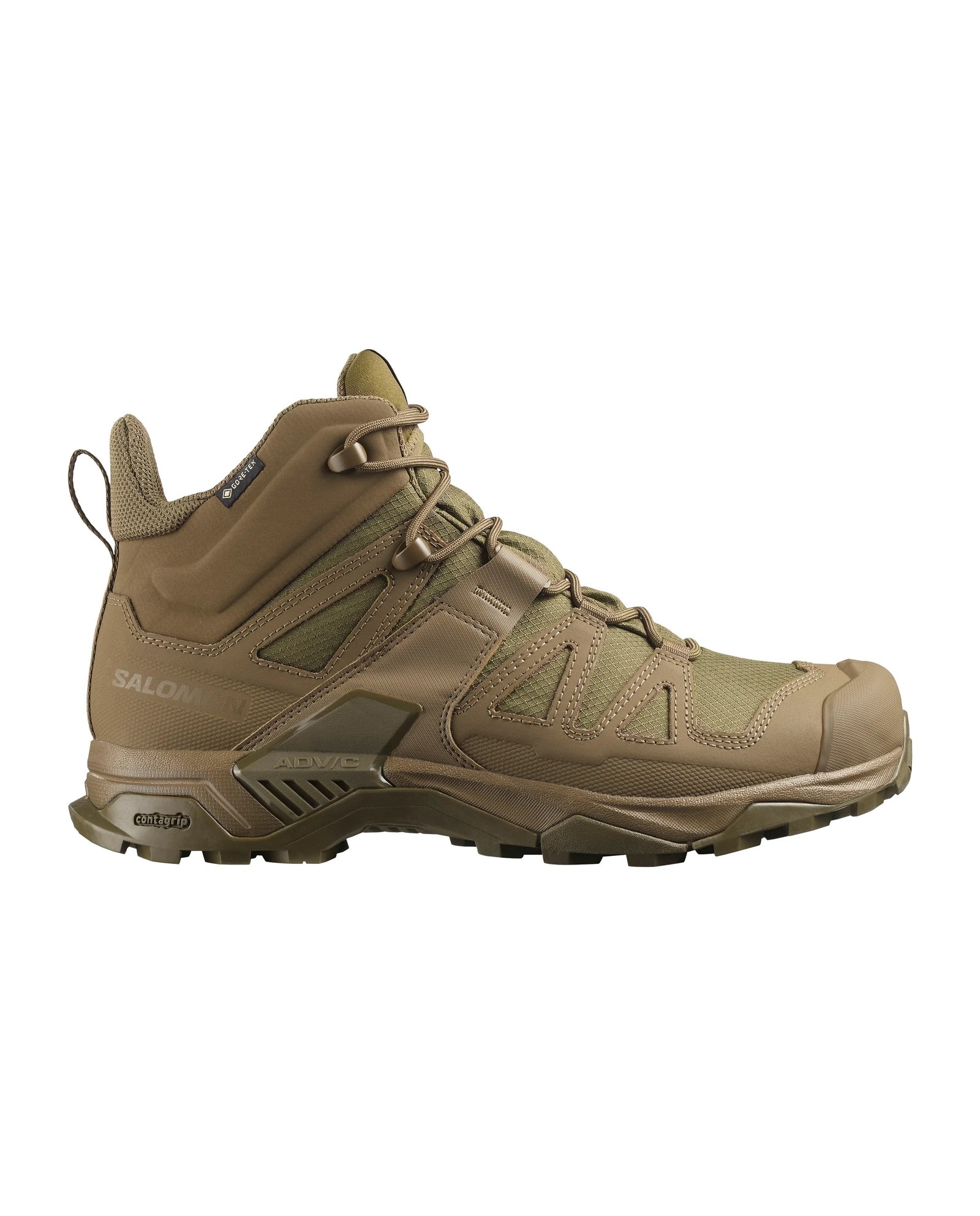 Der SALOMON FORCES X ULTRA FORCES MID - Coyote ist ein leichter Wanderstiefel mit robuster Sohle, Obermaterial aus Mesh und Synthetik, gepolstertem Knöchelkragen und stützenden Overlays, hier im Seitenprofil.