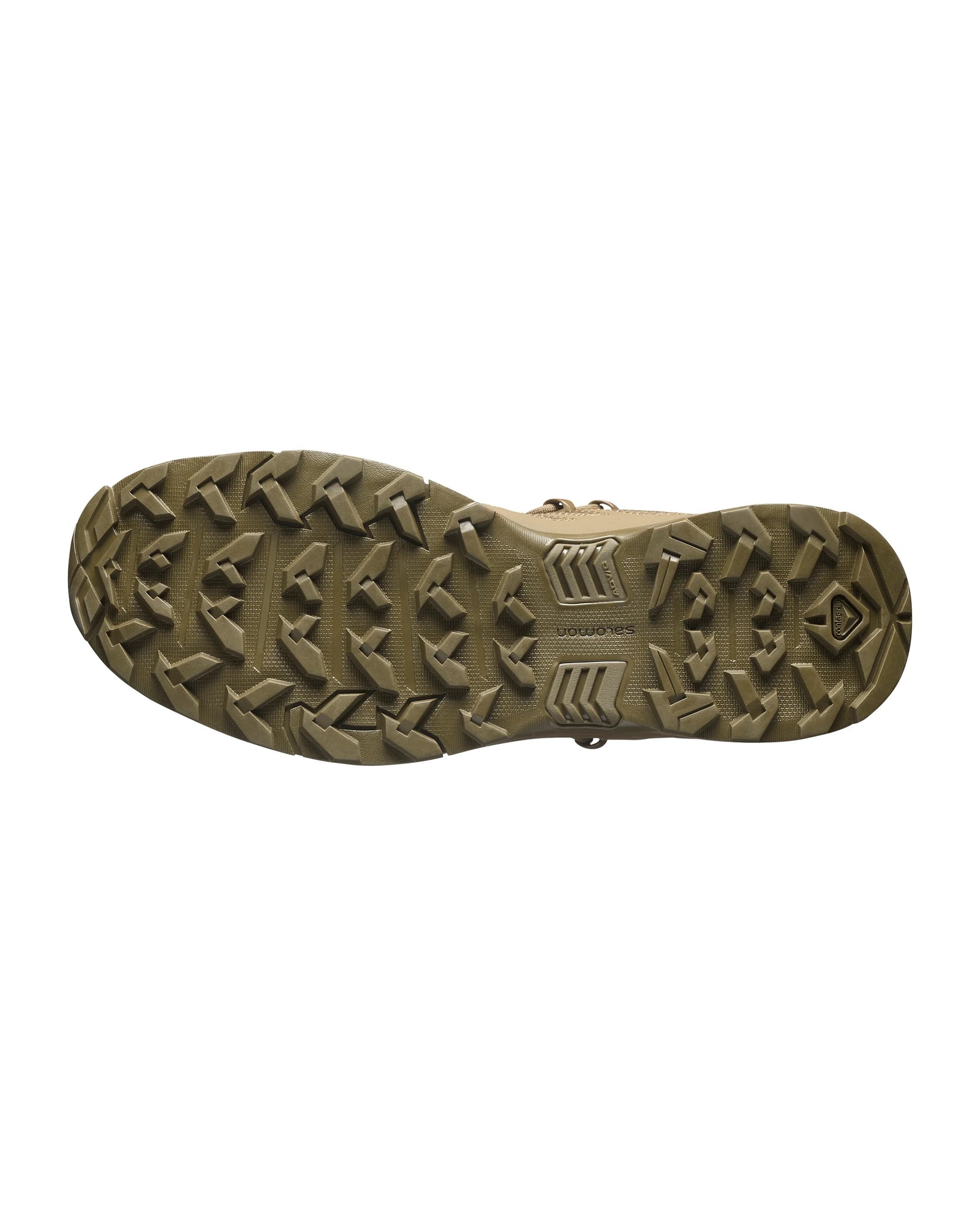 Die Abbildung zeigt die Sohle eines SALOMON FORCES Salomon X ULTRA FORCES MID GTX - Coyote, die mit tiefen, robusten Stollen und einem kantigen Profil für hervorragende Traktion auf rauem oder unebenem Gelände sorgt.