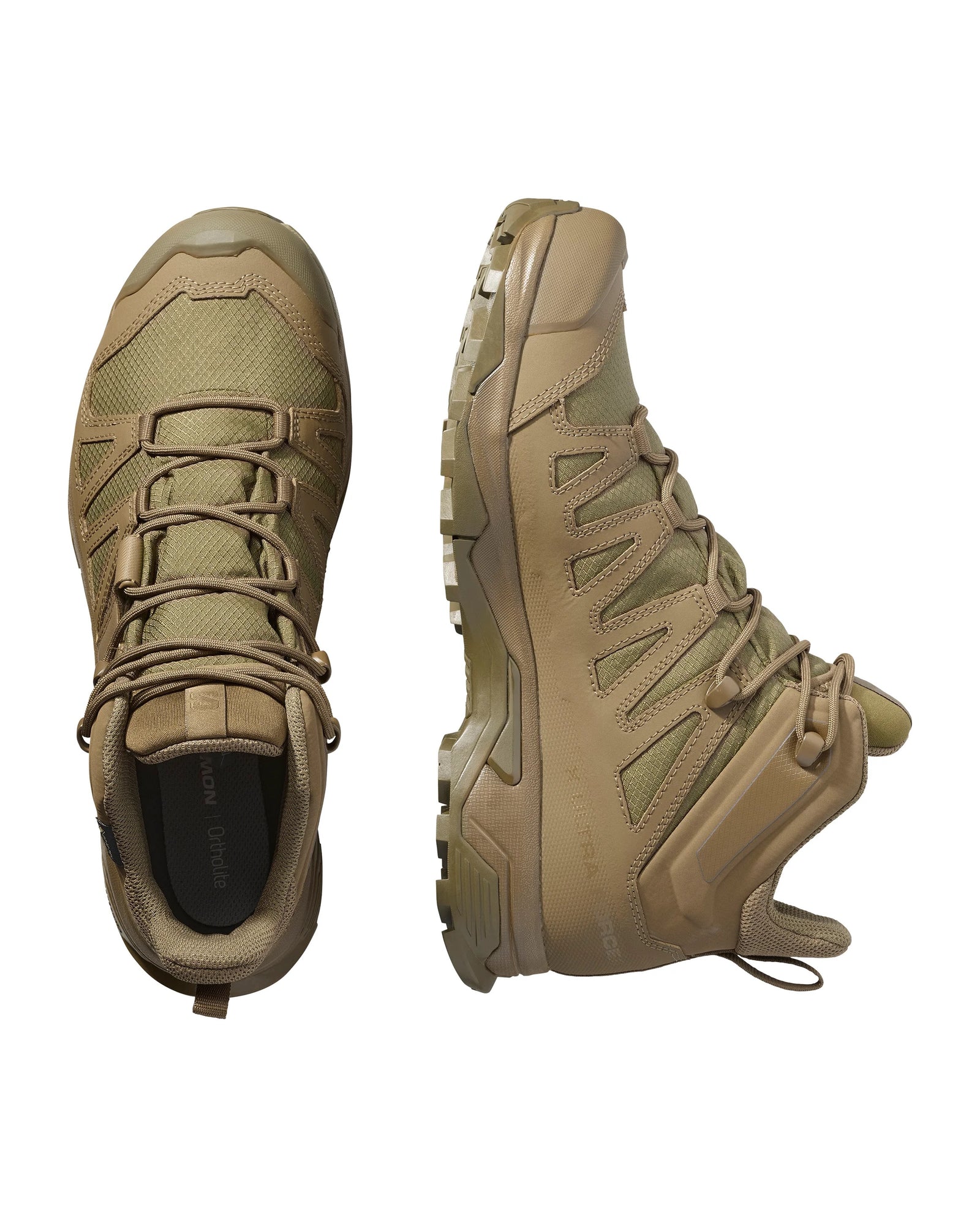 Die Salomon X ULTRA FORCES MID GTX - Coyote Stiefel von SALOMON FORCES sind mit ihren robusten Sohlen, dem Mesh-Gewebe und den verstärkten Einsätzen ideal für den Outdoor- oder Militäreinsatz. Ansicht von oben und von der Seite gezeigt.