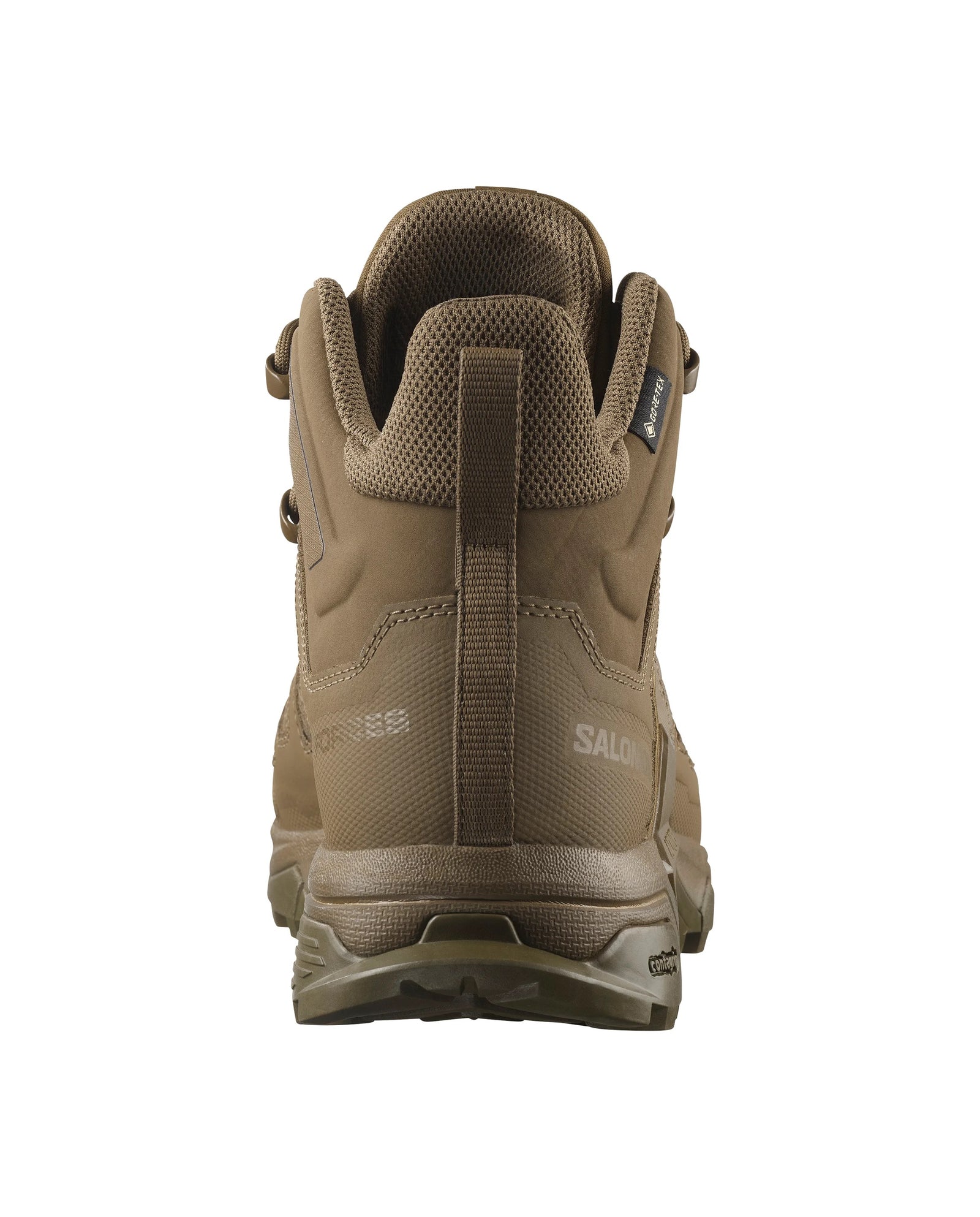 Rückansicht eines einzelnen SALOMON FORCES X ULTRA FORCES MID GTX - Coyote Wanderstiefels. Hervorzuheben sind die Ferse, das Profil, die Zugschlaufe und ein Teil des SALOMON-Labels an der Seite vor einem schlichten weißen Hintergrund.