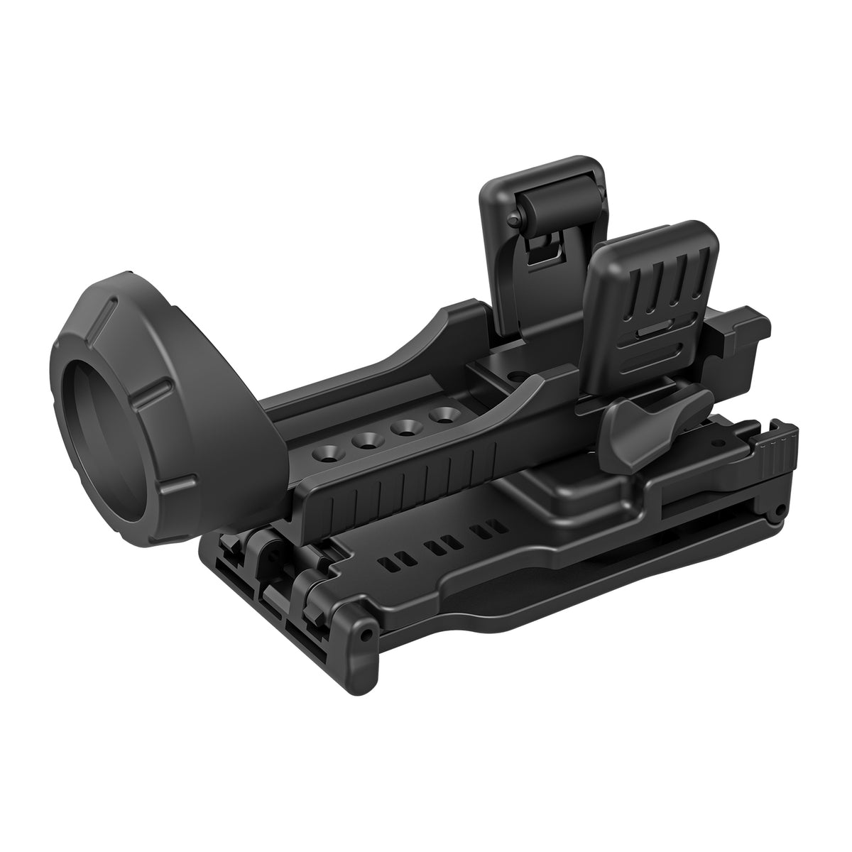 Ein schwarzes, verstellbares LEDLENSER Tactical Professional Holster Typ D aus Kunststoff mit runder Kappe, mehreren Hebeln und Kerben ist auf weißem Hintergrund abgebildet.