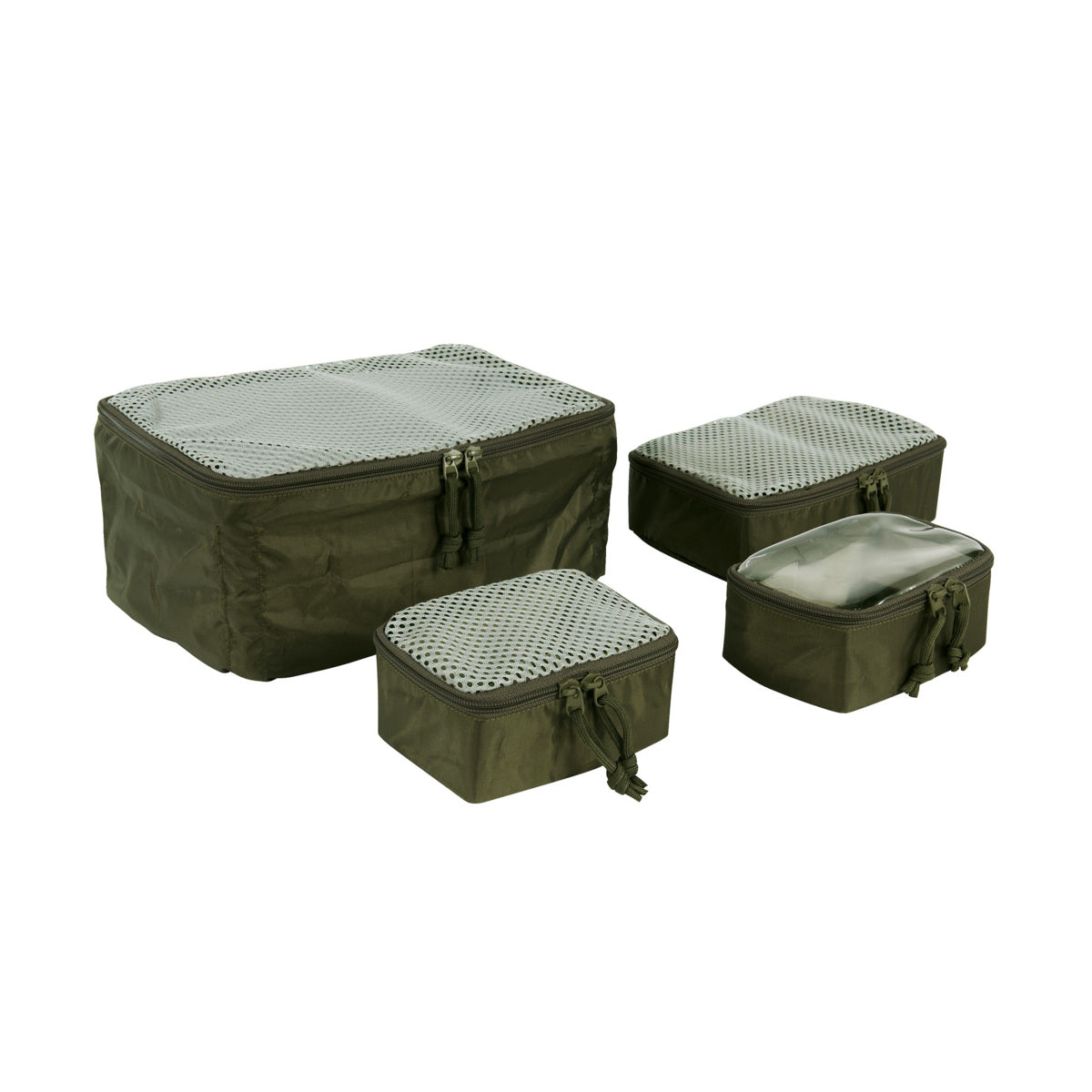 Das TASMANIAN TIGER Tasmanian Tiger Modular Pouch Set VL besteht aus vier olivgrünen Packwürfeln mit Netzreißverschluss und verschiedenen Größen. Ein Würfel verfügt über einen Deckel mit einem transparenten Fenster, ideal für die Organisation von taktischer Ausrüstung.