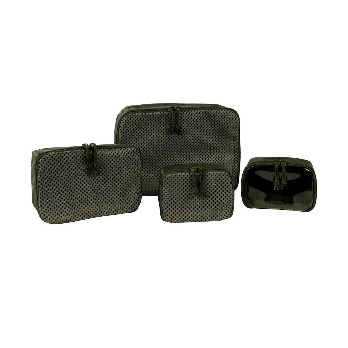 Vier dunkelgrüne, halbtransparente Reißverschlusstaschen in verschiedenen Größen von TASMANIAN TIGER - das Tasmanian Tiger Modular Pouch Set VL - verfügen über ein netzartiges Muster und Klettverschlüsse; perfekt zum Organisieren Ihrer taktischen Ausrüstung.