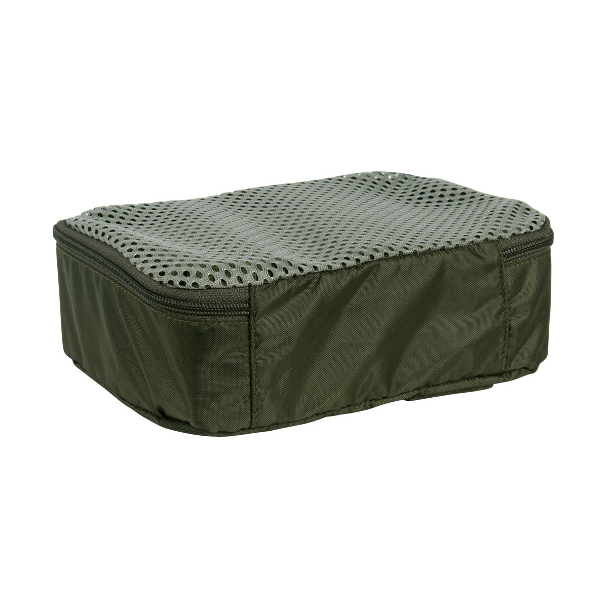 Das TASMANIAN TIGER Tasmanian Tiger Modular Pouch Set VL besteht aus einer rechteckigen olivgrünen Reißverschlusstasche mit Mesh-Deckel, die sich perfekt für die Organisation oder Aufbewahrung von taktischer Ausrüstung eignet.