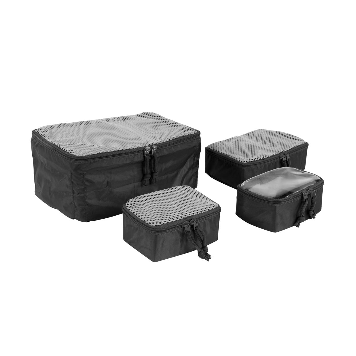 Drei schwarze und graue rechteckige TASMANIAN TIGER Modular Pouch Set VL Packwürfel mit Mesh-Oberteilen und Reißverschlüssen sind in kleinen, mittleren und großen Größen abgebildet - ideal für die Organisation Ihrer taktischen Ausrüstung.