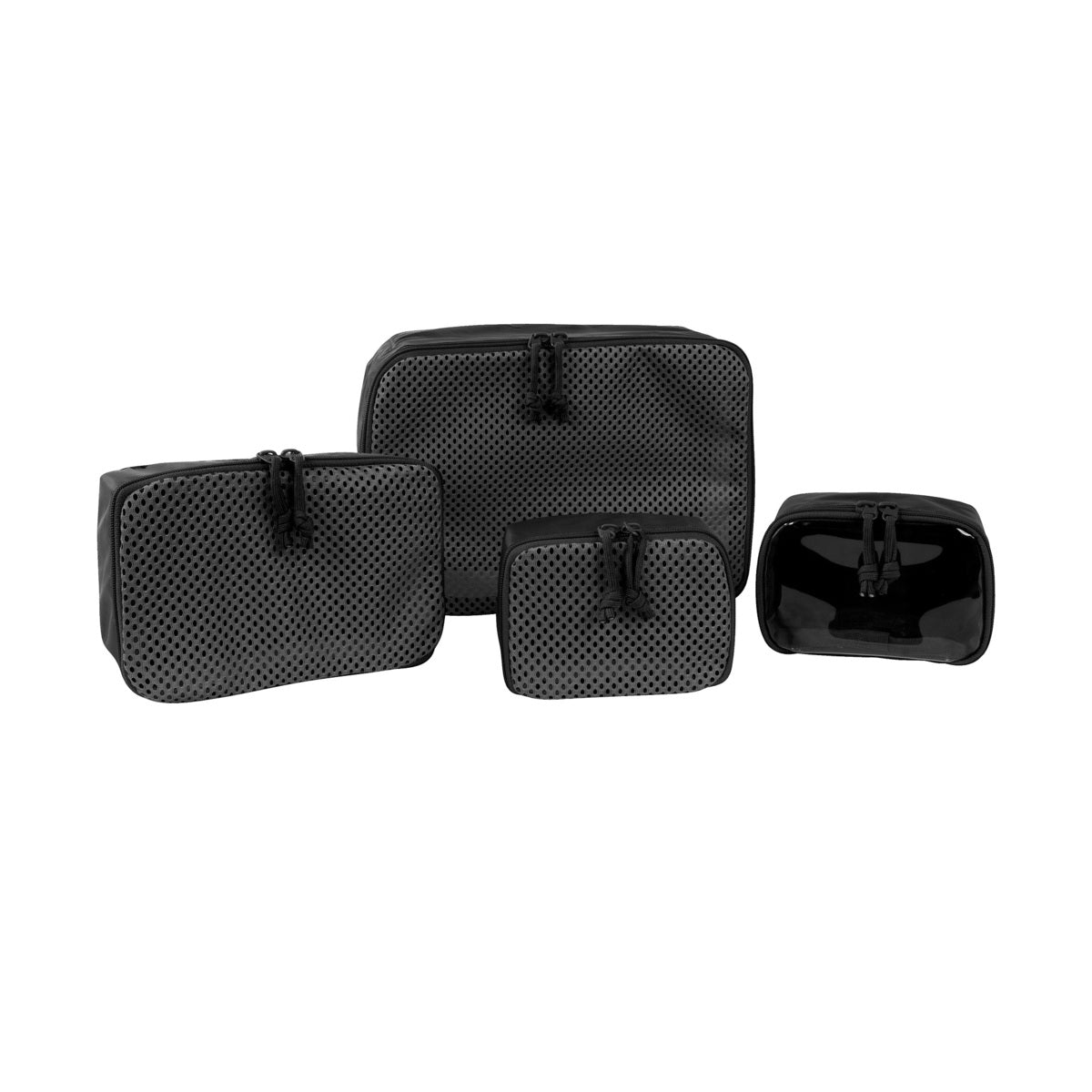 Das TASMANIAN TIGER Modular Pouch Set VL enthält vier schwarze Reißverschlusstaschen in verschiedenen Größen aus Netz- und Glanzmaterial mit einem Klettverschluss-Modulsystem - perfekt für die Organisation Ihrer taktischen Ausrüstungstasche.