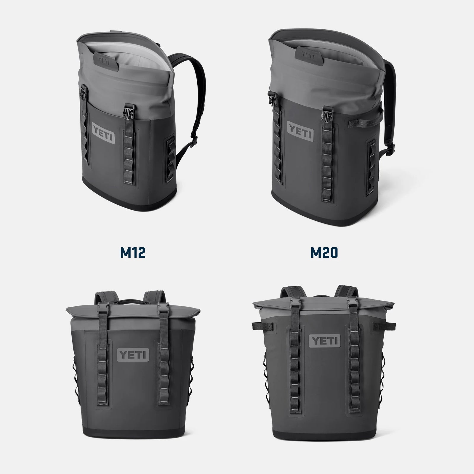 Der YETI® Hopper Backpack M20 in Classic Navy wird aus verschiedenen Blickwinkeln gezeigt. Er verfügt über zwei Gurte, eine Öffnung an der Oberseite, seitliche Griffe und eine ColdCell-Isolierung für hervorragende Kühlung.