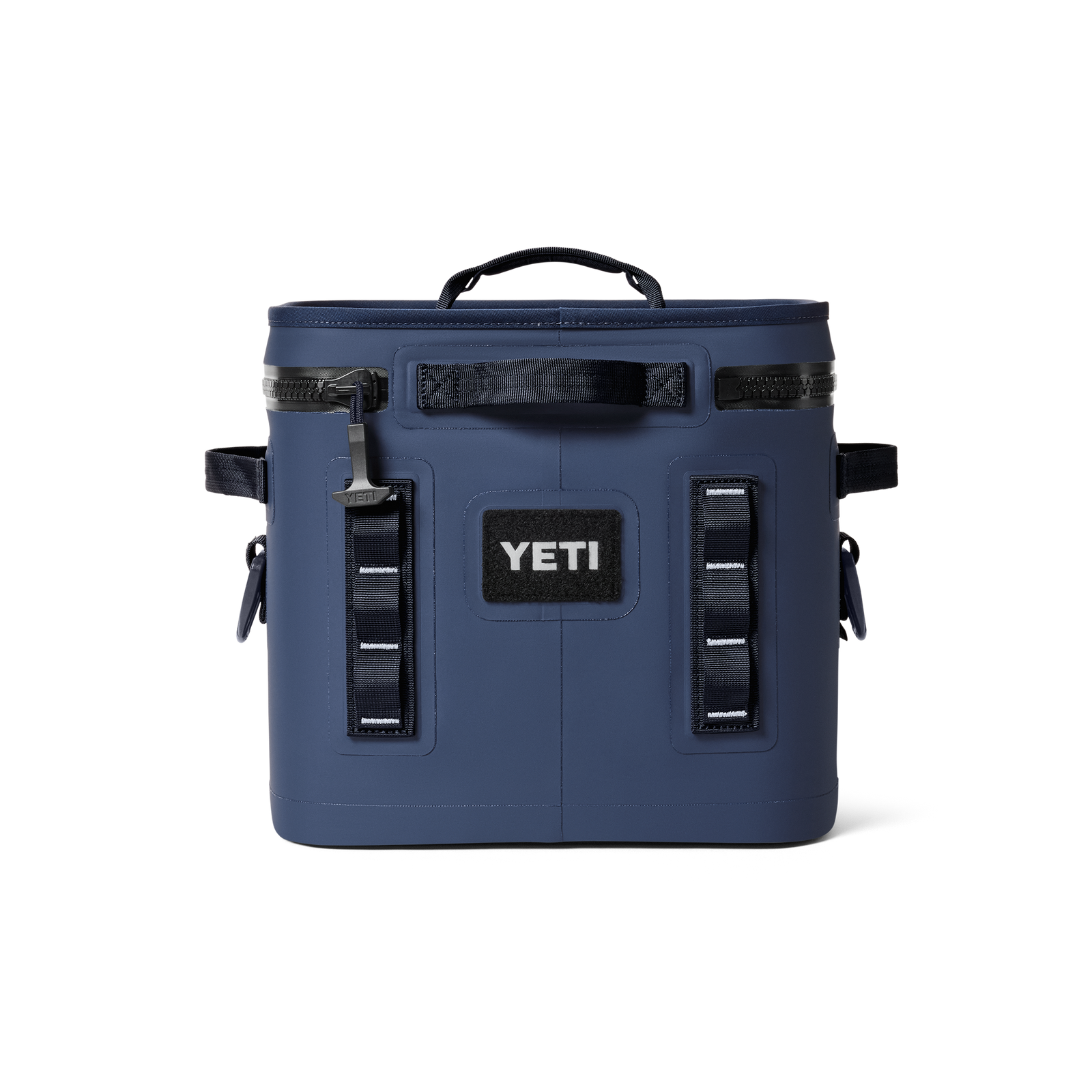 Die YETI® Kühltasche Hopper Flip® 12 in Navy verfügt über einen Tragegriff oben, einen Reißverschluss, seitliche Griffe und Trageriemen vorne. Sie ist auf einem schlichten weißen Hintergrund abgebildet.