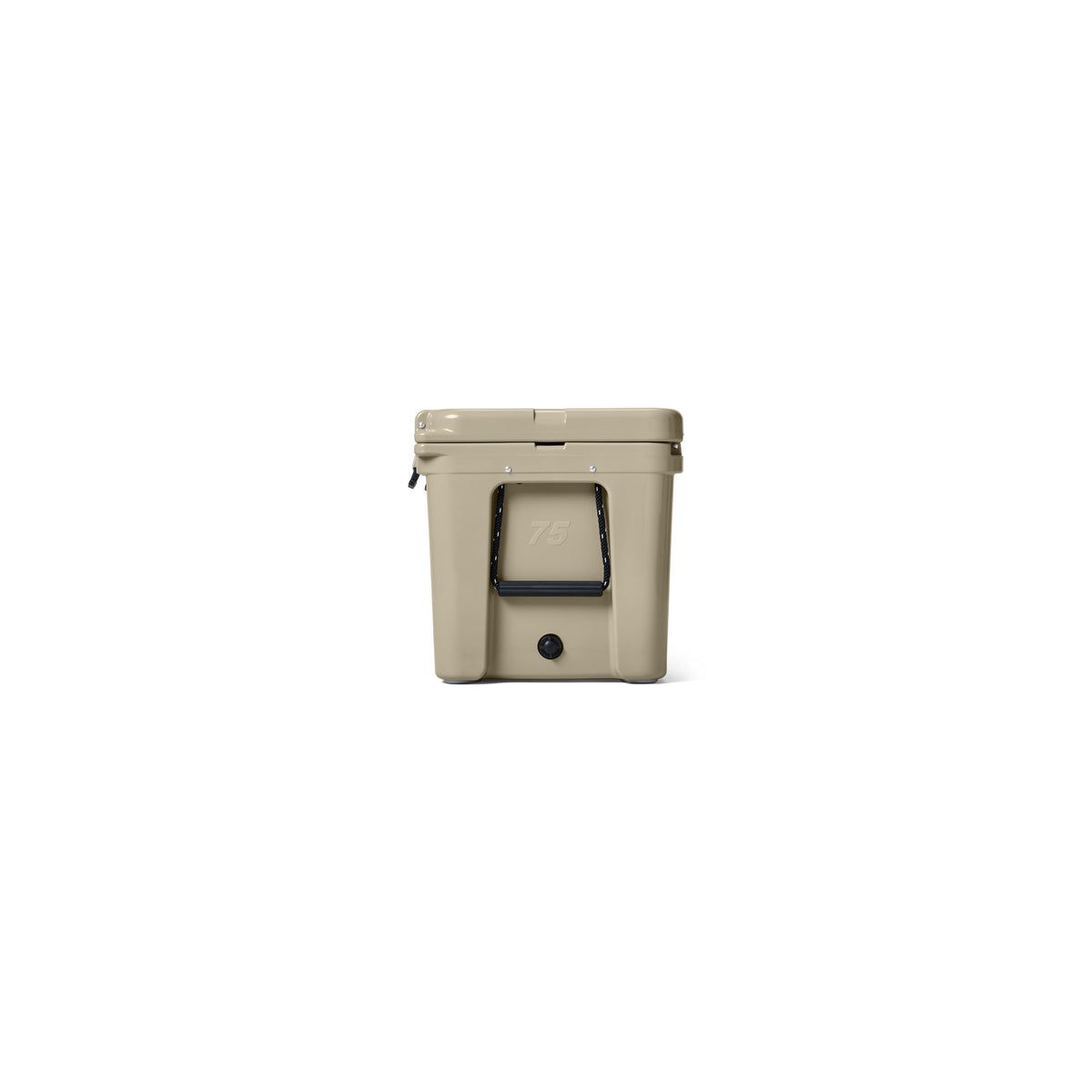 Eine YETI®-Kühlbox „Tundra 75“ in der Farbe „Tan“ mit Hartschalenbauweise, einem Frontgriff und einem schwarzen Verschluss ist mittig auf einem weißen Hintergrund abgebildet.