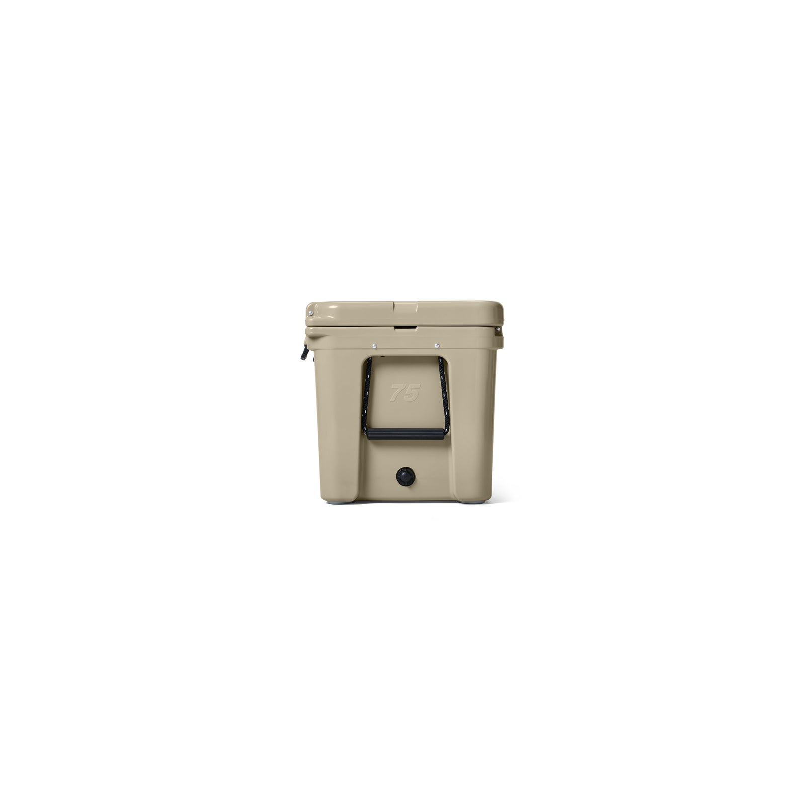 Eine YETI®-Kühlbox „Tundra 75“ in der Farbe „Tan“ mit Hartschalenbauweise, einem Frontgriff und einem schwarzen Verschluss ist mittig auf einem weißen Hintergrund abgebildet.