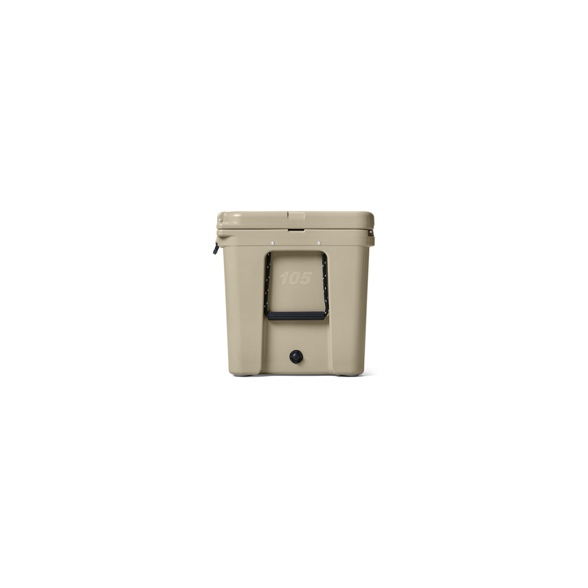 Die YETI® Kühlbox Tundra 105 – Tan, eine beigefarbene Hartschalen-Kühlbox von YETI, verfügt über einen schwarzen Griff, einen nach vorne gerichteten Ablassstopfen und die auf der Vorderseite eingeprägte Zahl 105. Mit dieser Zahl mittig auf weißem Hintergrund vereint diese Outdoor-Kühlbox Stil und Funktionalität.