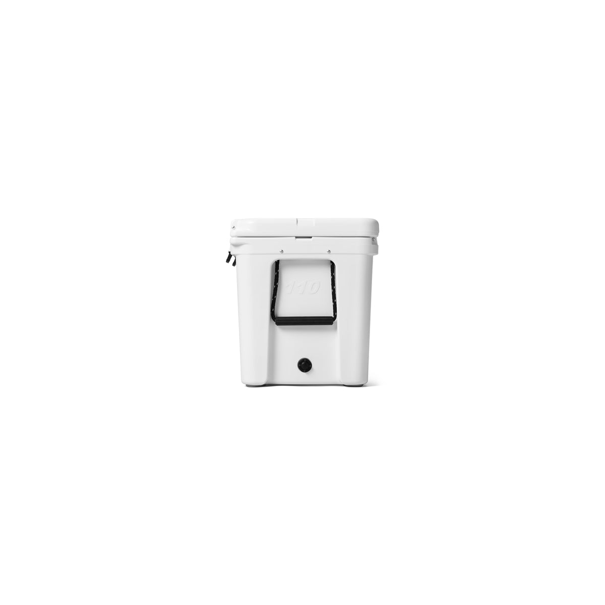 Die YETI® Kühlbox Tundra 110 – Weiß, eine Hartschalen-Kühlbox von YETI mit einem Griff an der Vorderseite, wird vor einem schlichten weißen Hintergrund präsentiert.