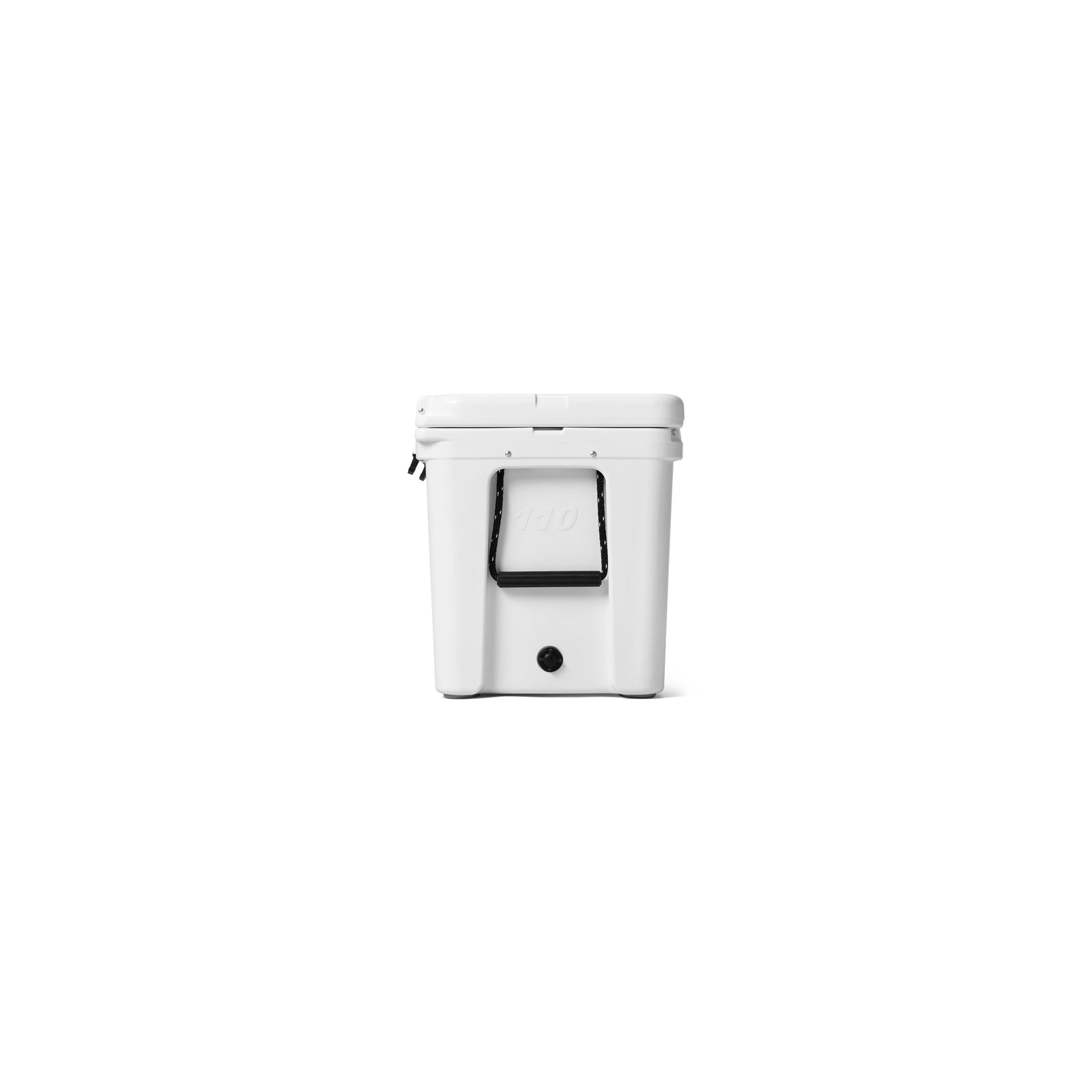 Die YETI® Kühlbox Tundra 110 – Weiß, eine Hartschalen-Kühlbox von YETI mit einem Griff an der Vorderseite, wird vor einem schlichten weißen Hintergrund präsentiert.