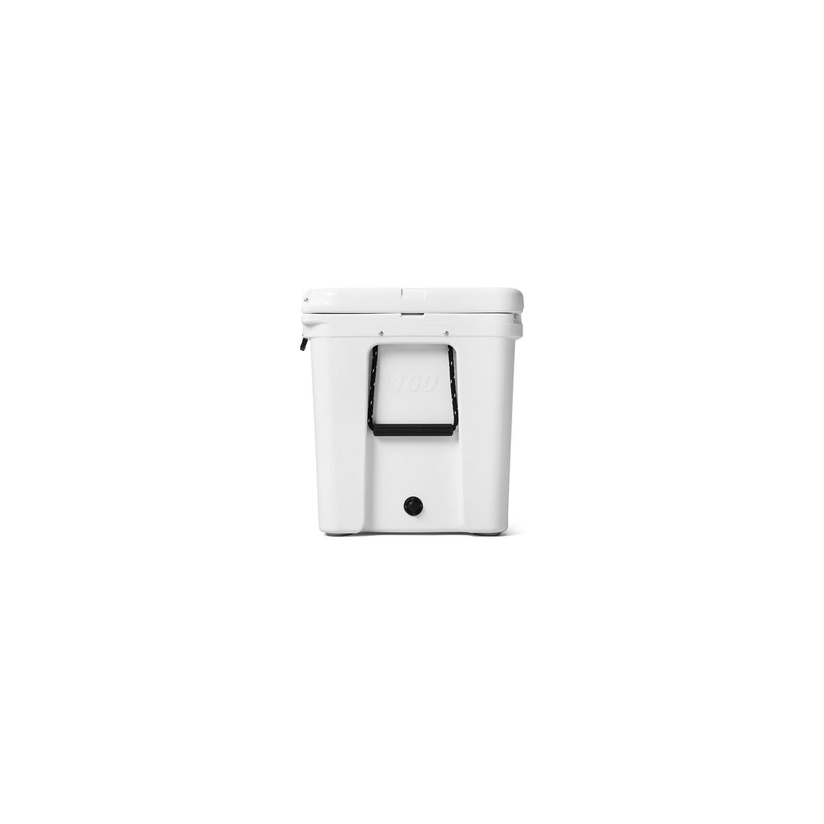 Eine weiße YETI®-Kühlbox „Tundra 160“ mit Hartschalen, schwarzem Frontgriff und geschlossenem Deckel wird vor einem schlichten weißen Hintergrund präsentiert. Diese YETI-Kühlbox ist ideal für höchsten Komfort und bietet maximale Kühlleistung für all Ihre Outdoor-Abenteuer.