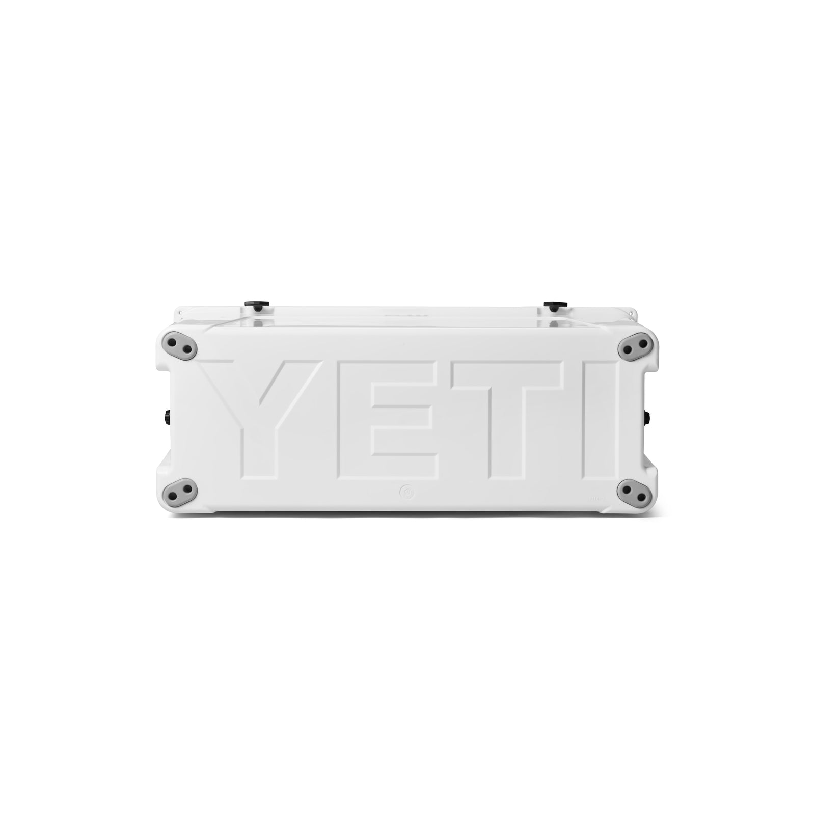 Die YETI®-Kühlbox Tundra 160 – Weiß ist hier auf der Seite liegend abgebildet. Auf der Oberfläche ist der Markenname YETI zu sehen. Vier runde Eckenschutzkappen und zwei schwarze Griffe unterstreichen die robuste Bauweise und die maximale Kühlleistung dieser weißen, rechteckigen Kühlbox von YETI.
