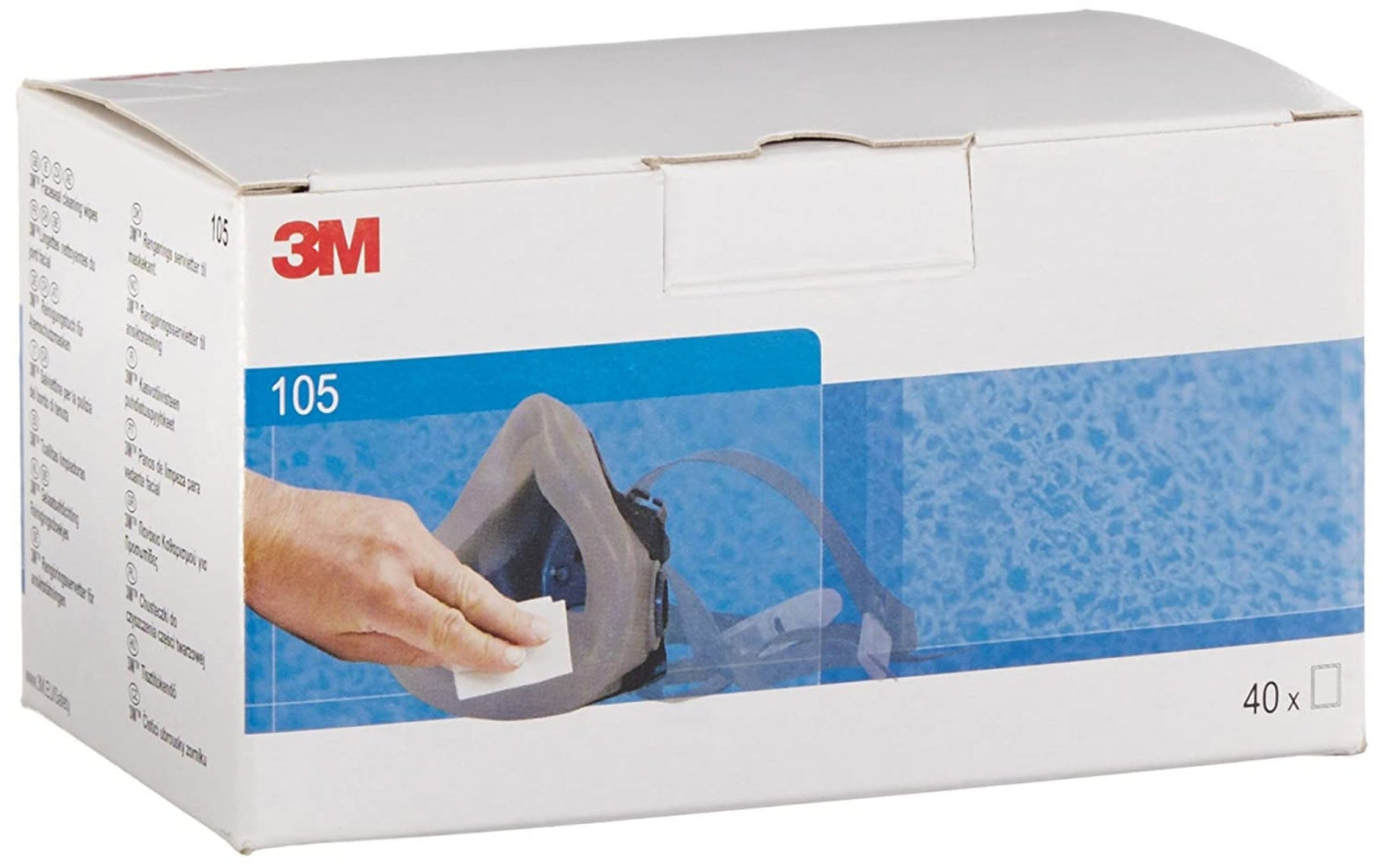 Eine Schachtel 3M™ Reinigungstücher von 3M mit blauer und weißer Verpackung enthält 40 Tücher. Die Abbildung zeigt eine Hand, die ein Tuch zur Reinigung der Gesichtsdichtung einer wiederverwendbaren Atemschutzmaske verwendet.