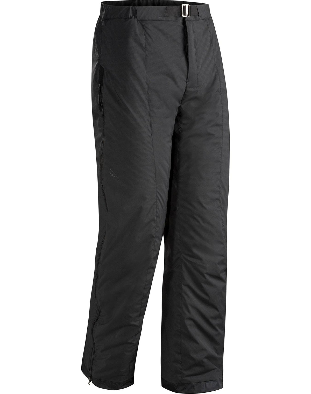 Die ARC'TERYX LEAF Arc'teryx Atom Pant LT Gen2 in schwarz ist eine leichte Herren-Outdoor-Hose mit entspannter Passform, seitlichem Reißverschluss, Gürtelschlaufen und silberner Schnalle am Bund, abgebildet auf einem schlichten weißen Hintergrund.