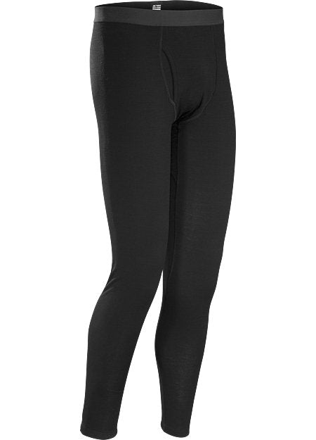Die ARC'TERYX LEAF Arc'teryx Cold WX Bottom AR - Black ist eine durchgehende Basisschicht aus Merinowolle für Herren, die sich ideal als lange Unterwäsche für den Außenbereich eignet und auf weißem Hintergrund abgebildet ist.