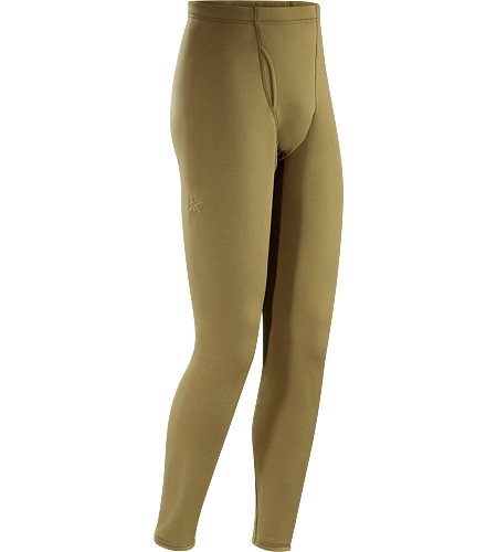 Olivgrüne Arc'teryx Cold WX Bottom SV - Krokodil-Wärmeleggings von ARC'TERYX LEAF stehen aufrecht auf weißem Hintergrund und zeigen den durchgehenden, taillierten Bund und das nahtlose Design aus Polartec Power Stretch für optimale Wärme.