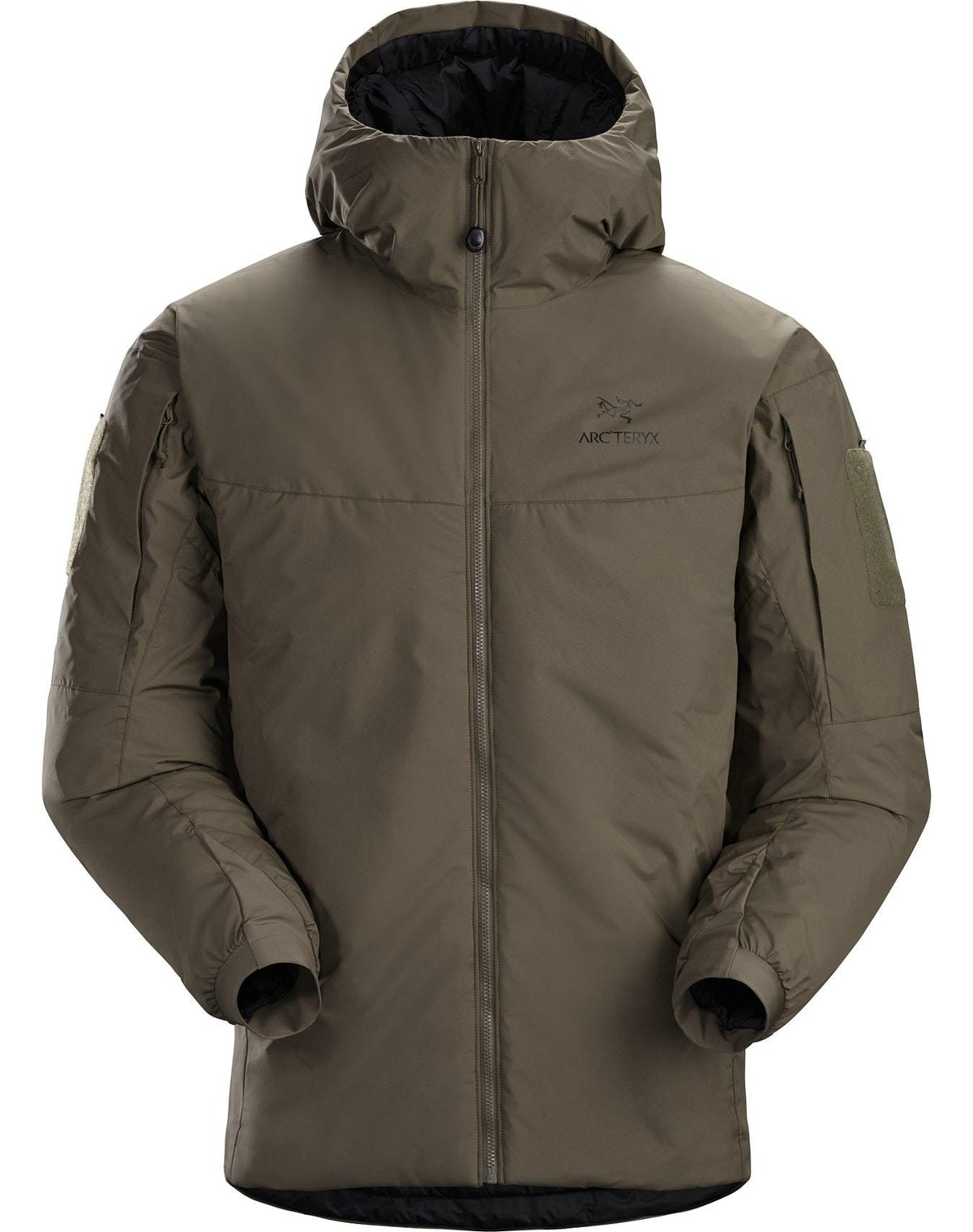 Der ARC'TERYX LEAF Arc'teryx Cold WX Hoody LT Gen2.1 in Ranger Green verfügt über einen Frontreißverschluss, zwei Seitentaschen und einen hohen Kragen mit CLIMASHIELD Isolierung, abgebildet auf einem schlichten weißen Hintergrund.