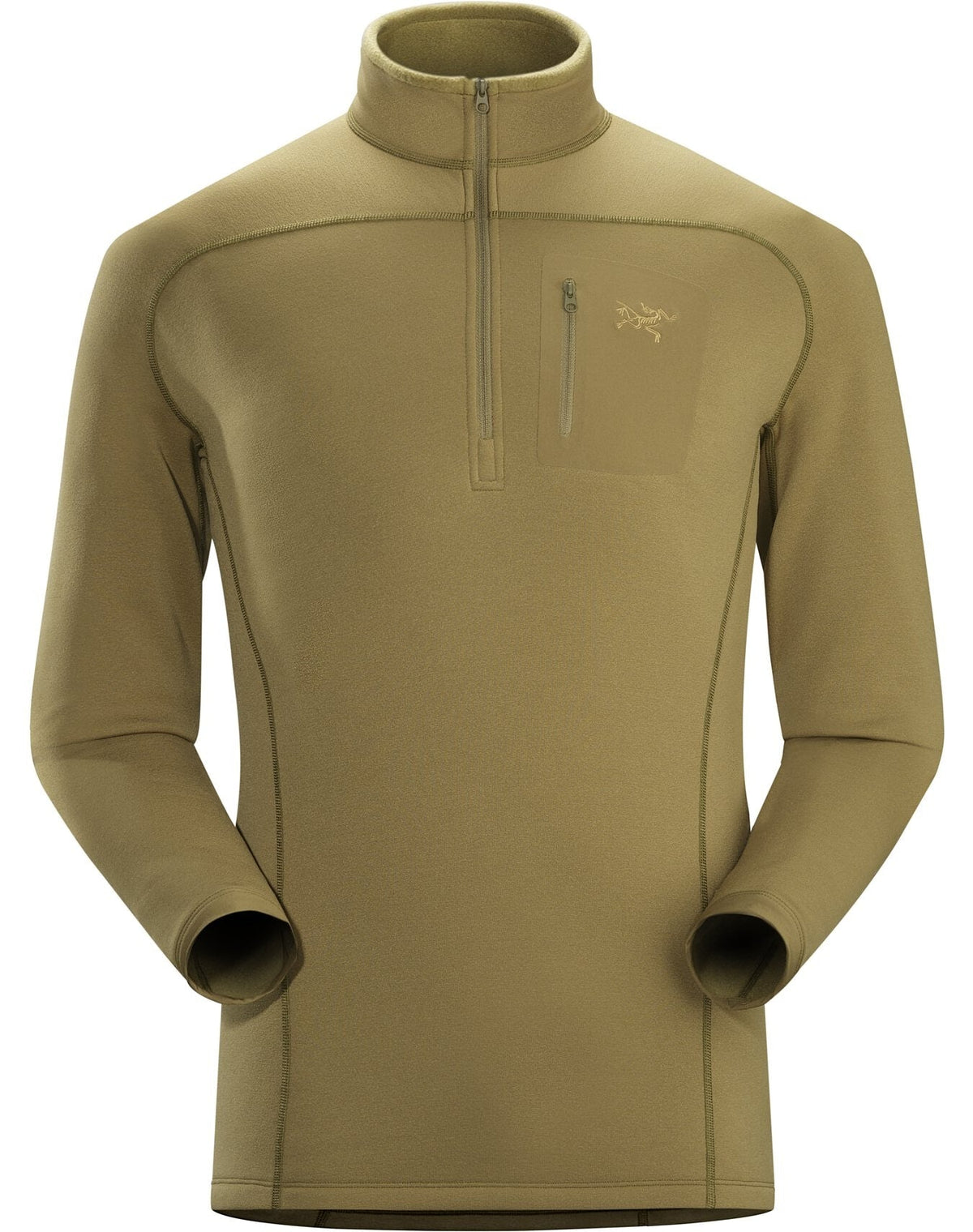 Das ARC'TERYX LEAF Cold WX Zip Neck SV - Crocodile ist ein hellbrauner, langärmeliger Baselayer mit hohem Kragen, Viertel-Reißverschluss, Brusttasche und dezentem Logo aus weichem POLARTEC Fleece für den Einsatz im Freien oder beim Sport.