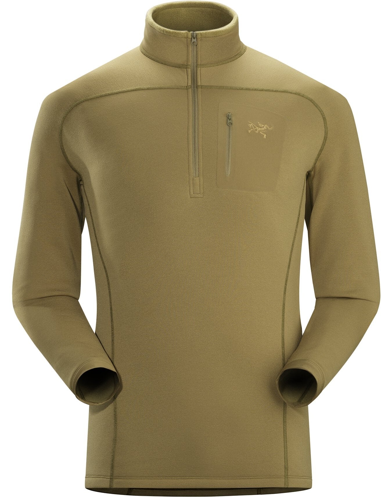 Das ARC'TERYX LEAF Cold WX Zip Neck SV - Crocodile ist ein hellbrauner, langärmeliger Baselayer mit hohem Kragen, Viertel-Reißverschluss, Brusttasche und dezentem Logo aus weichem POLARTEC Fleece für den Einsatz im Freien oder beim Sport.