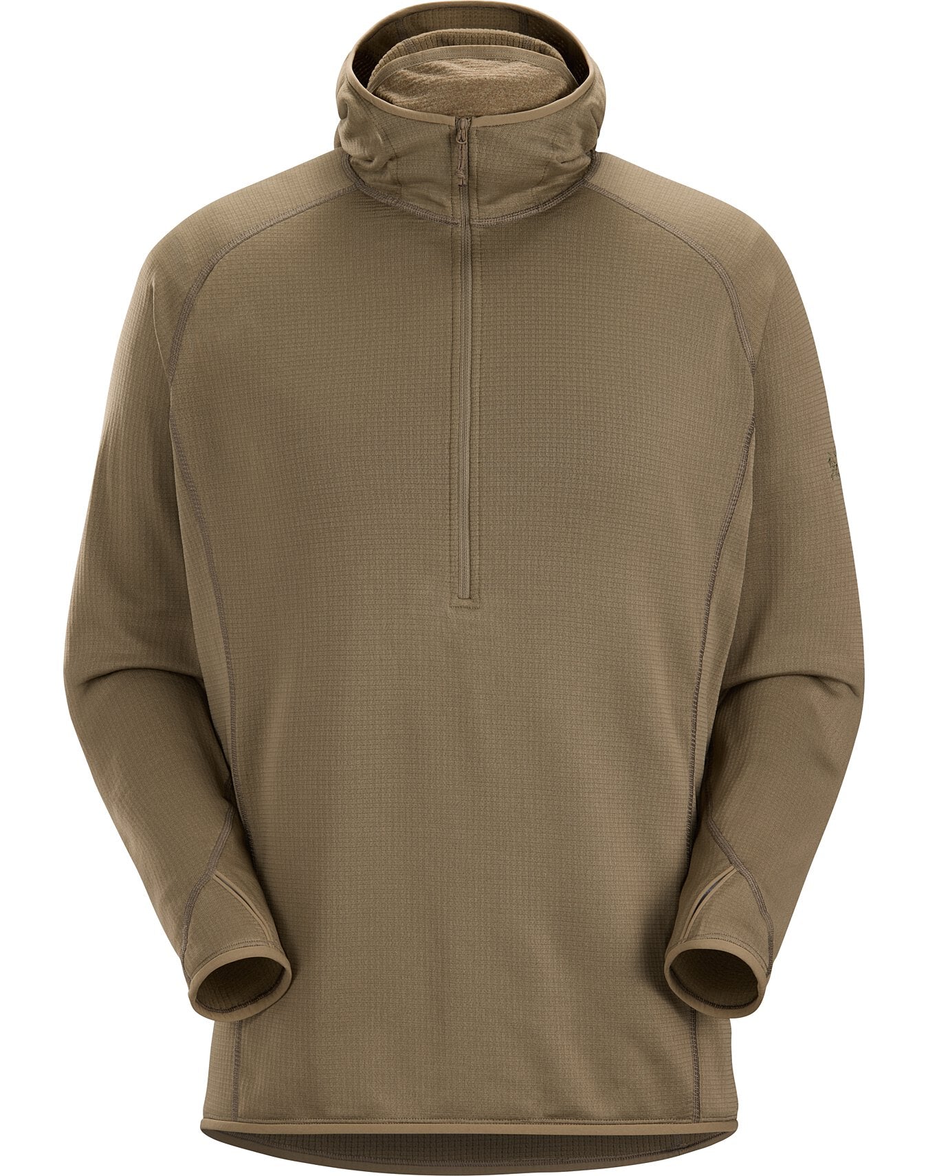 Der ARC'TERYX LEAF Arc'teryx Delta AR Half Zip Hoody - Crocodile hat einen hellbraunen Gitterfleece, einen Viertel-Reißverschlusskragen, Raglanärmel und eine hochgeschlossene Kapuze im Balaclava-Stil. Hergestellt aus Polartec Power Dry Fleece. Abgebildet flach auf weißem Hintergrund.