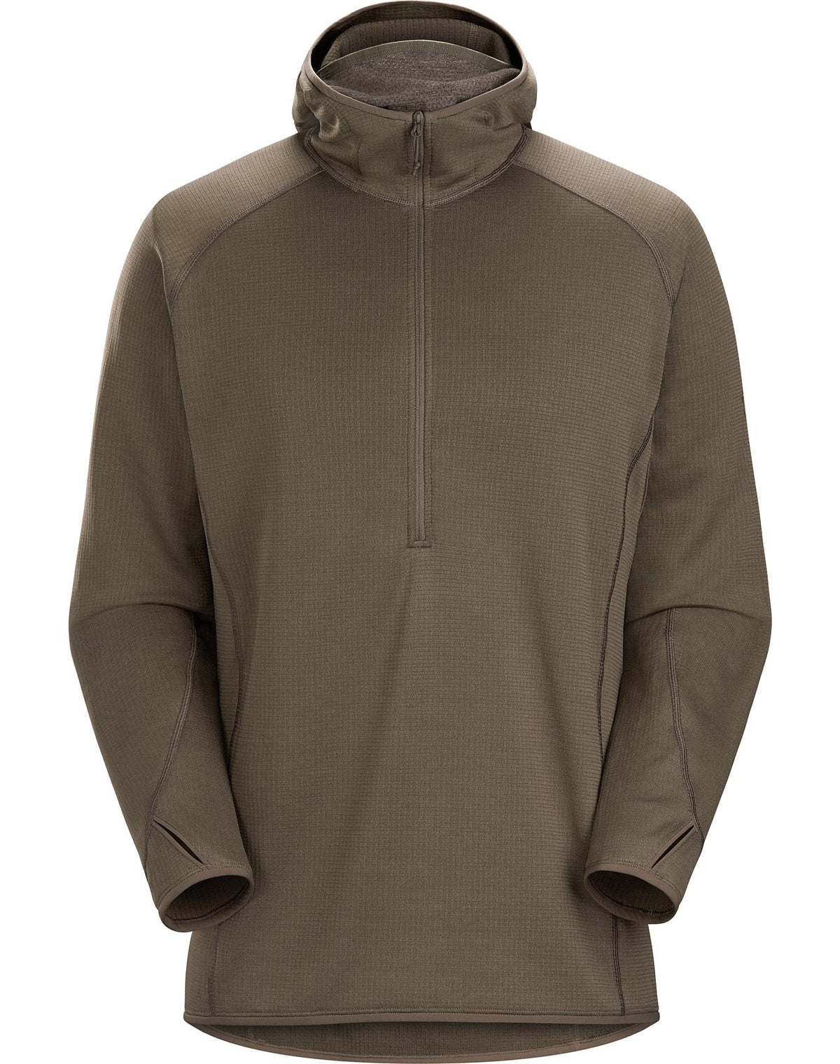 Der Arc'teryx Delta AR Half Zip Hoody von ARC'TERYX LEAF in Ranger Green hat lange Ärmel, Polartec Power Dry Fleece, einen hohen Kragen, einen halben Reißverschluss und Daumenlöcher an den Ärmelenden, abgebildet auf weißem Hintergrund.