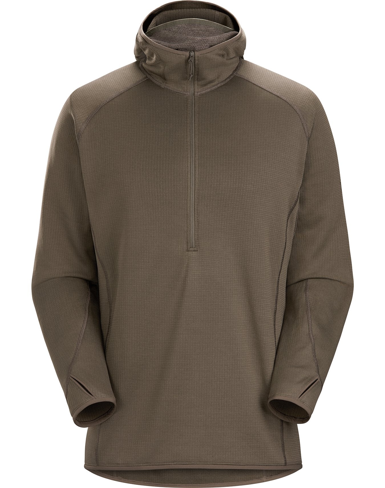 Der Arc'teryx Delta AR Half Zip Hoody von ARC'TERYX LEAF in Ranger Green hat lange Ärmel, Polartec Power Dry Fleece, einen hohen Kragen, einen halben Reißverschluss und Daumenlöcher an den Ärmelenden, abgebildet auf weißem Hintergrund.