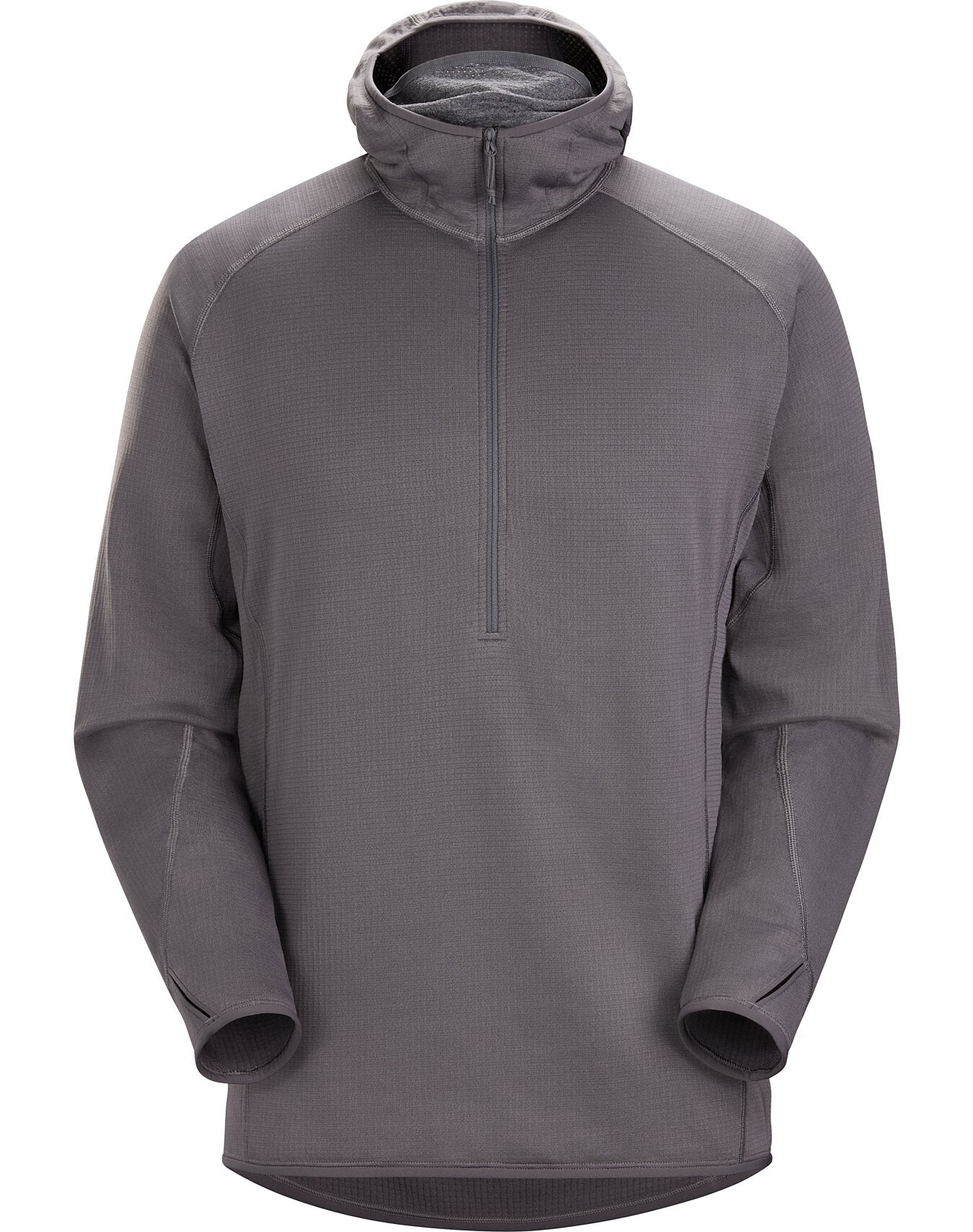 Der ARC'TERYX LEAF Arc'teryx Delta AR Half Zip Hoody - Wolf ist ein grauer Midlayer aus Polartec Power Dry Fleece mit Kapuze, taillierten Ärmelbündchen und brustlangem Reißverschluss, der eine dezente Gitterstruktur aufweist. Abgebildet auf einfarbig weißem Hintergrund.
