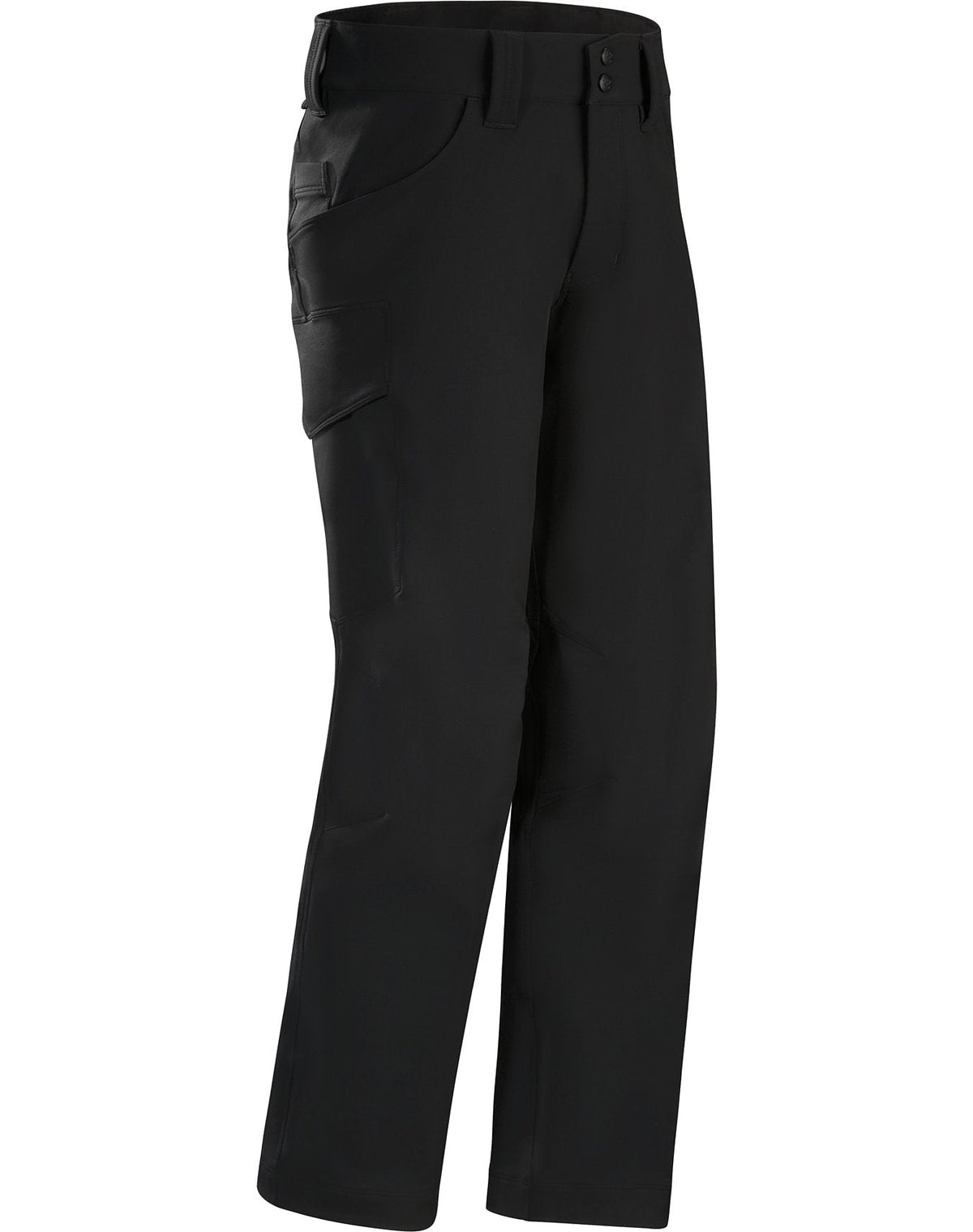 ARC'TERYX LEAF Arc'teryx Patrol Pant AR Men's - Schwarze Cargohose mit geradem Bein, mehreren Taschen - einschließlich einer großen Seitentasche -, Gürtelschlaufen und Knopf-Reißverschluss an der Taille, abgebildet auf einem einfarbig weißen Hintergrund.