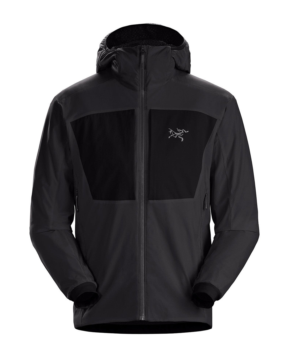 Der ARC'TERYX PRO Practitioner AR Hoody Men's in Carbon Copy verfügt über einen durchgehenden Reißverschluss, schwarze Brusteinsätze, Seitentaschen, eine synthetische Isolierung und ein kleines weißes Bergziegenlogo - ideal als atmungsaktiver Midlayer.